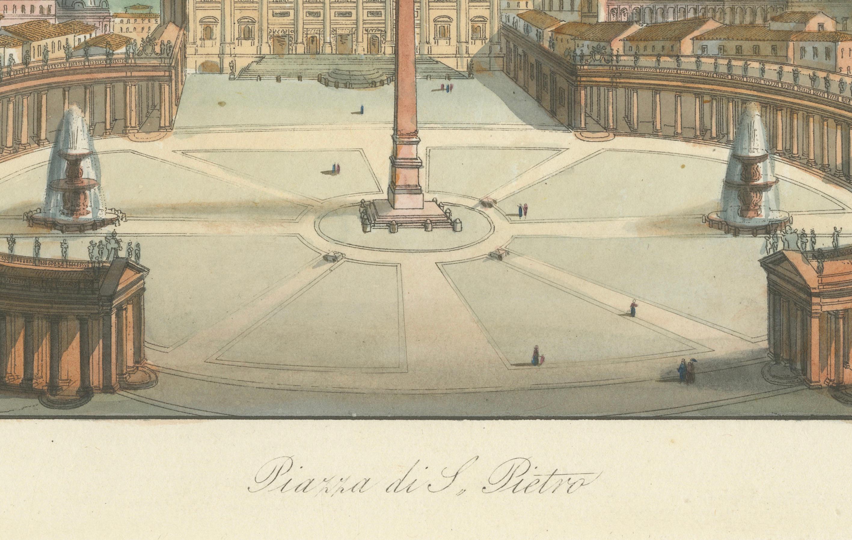 Piazza di S. Pietro – Antique Hand-Coloured View of St. Peter’s Square (c.1840) (Mittleres 19. Jahrhundert) im Angebot
