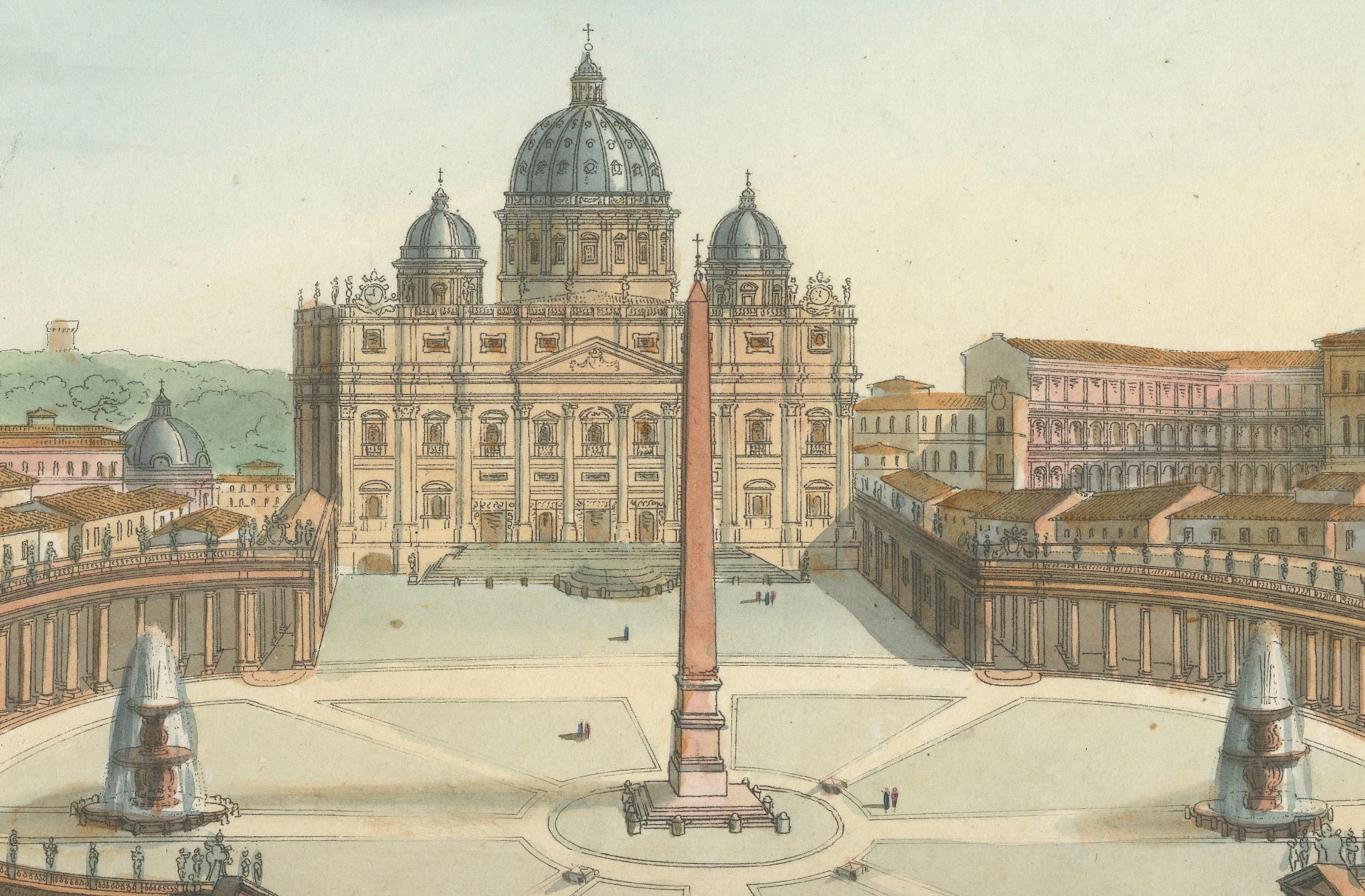 Piazza di S. Pietro – Antique Hand-Coloured View of St. Peter’s Square (c.1840) (Papier) im Angebot
