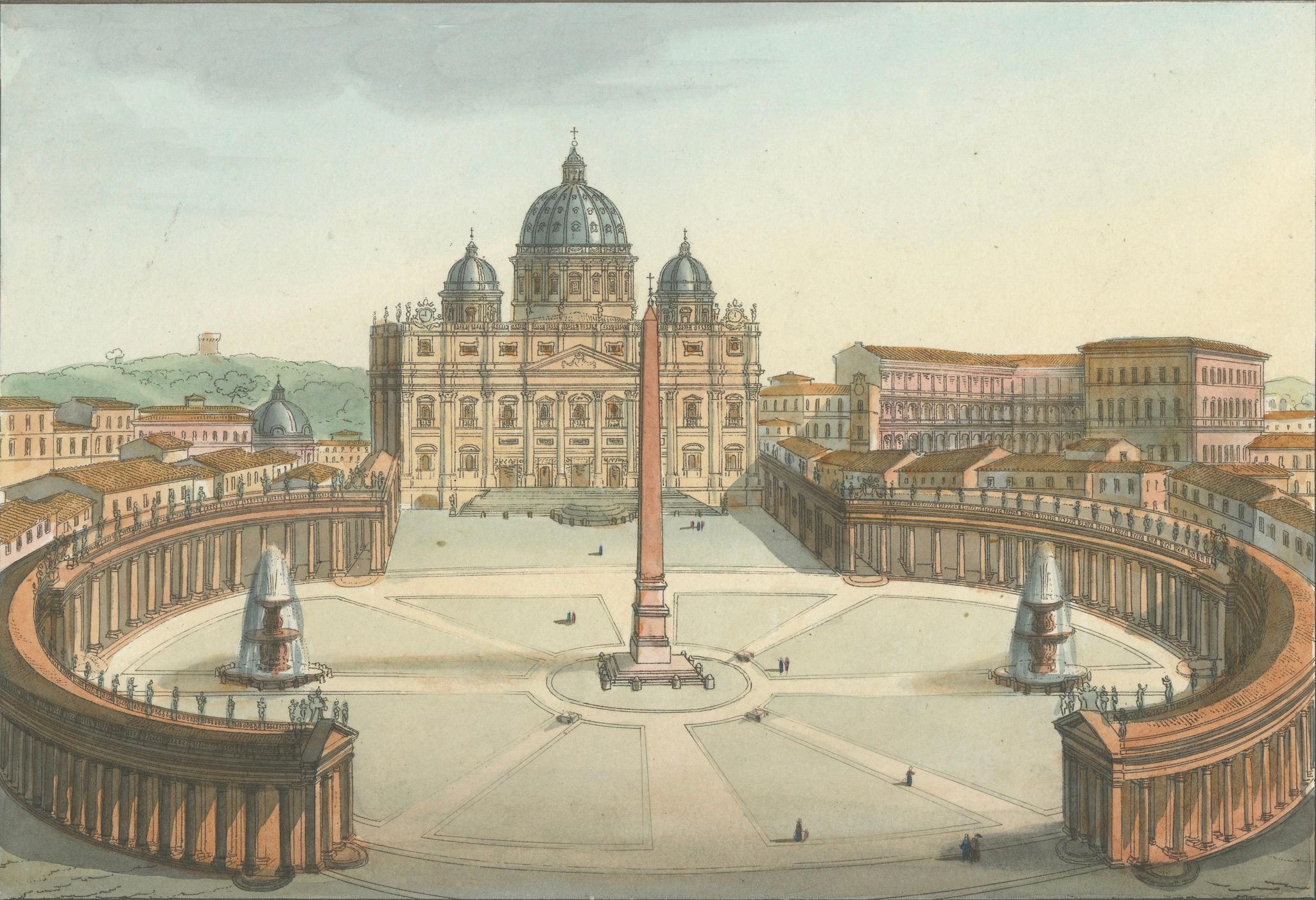 Piazza di S. Pietro – Antique Hand-Coloured View of St. Peter’s Square (c.1840) im Angebot 1