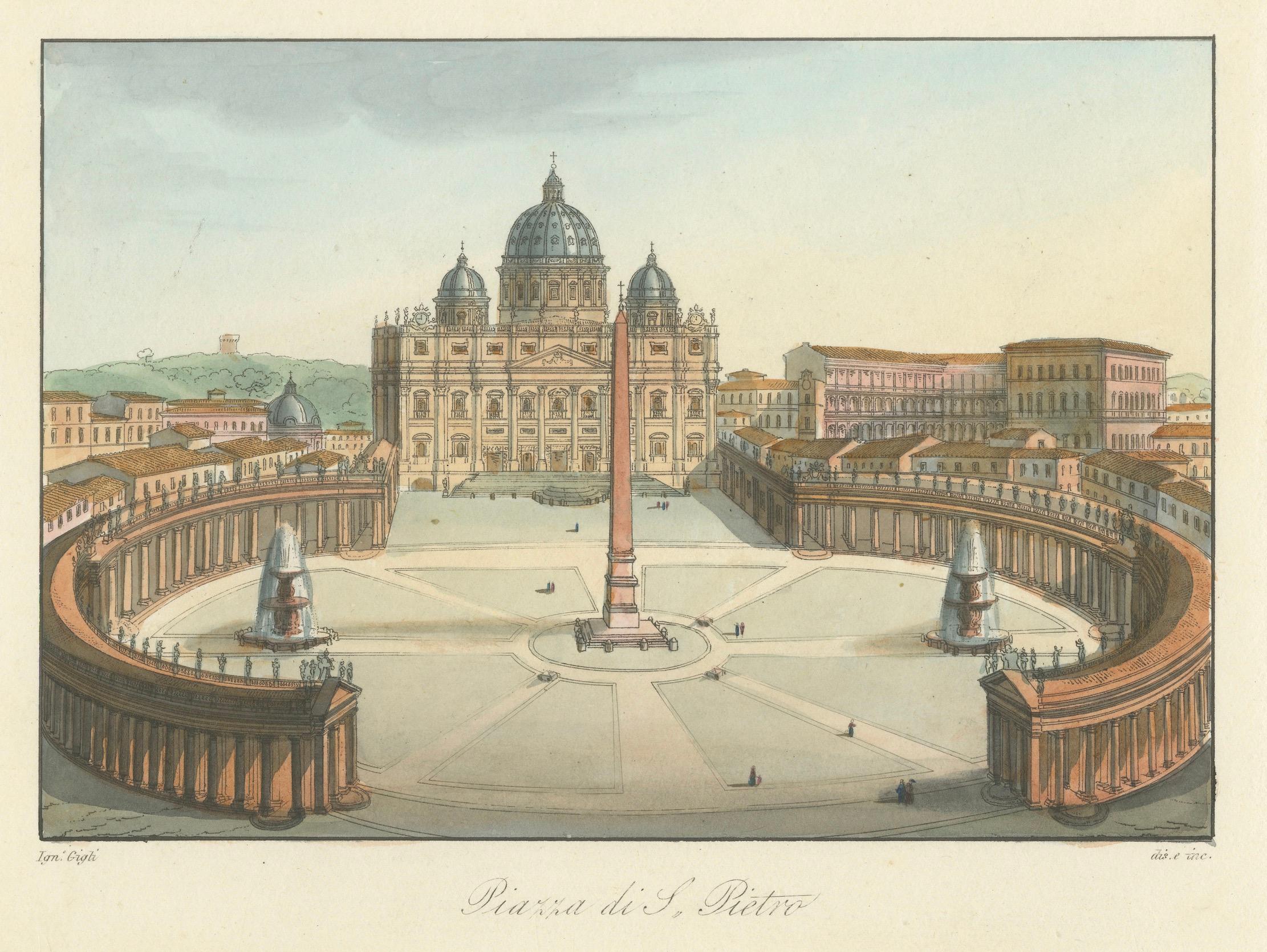 Piazza di S. Pietro – Antique Hand-Coloured View of St. Peter’s Square (c.1840) im Angebot 2