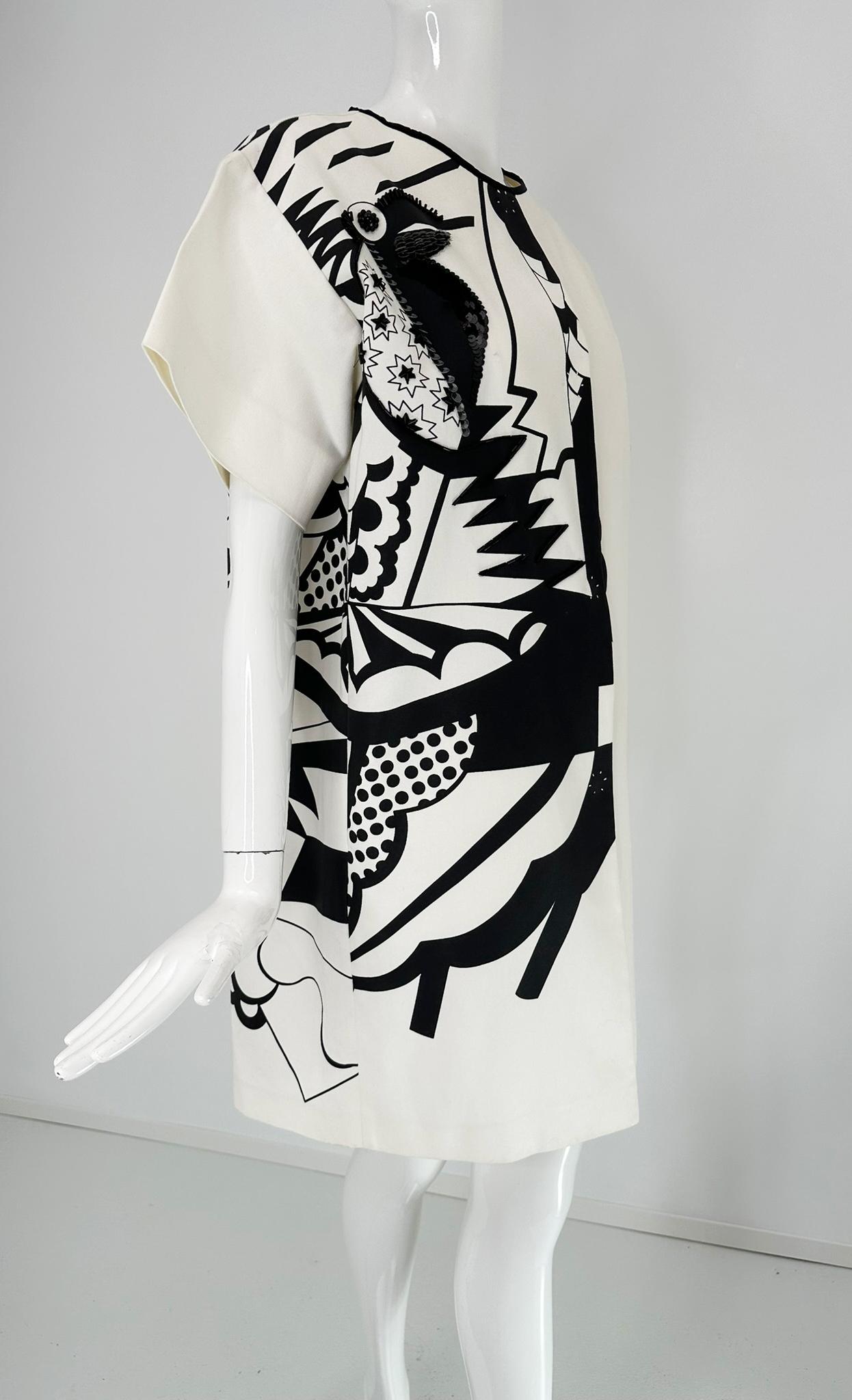 Piazza Sempione Black & White Pop Art Cotton Canvas Smock Dress 46 For Sale 5