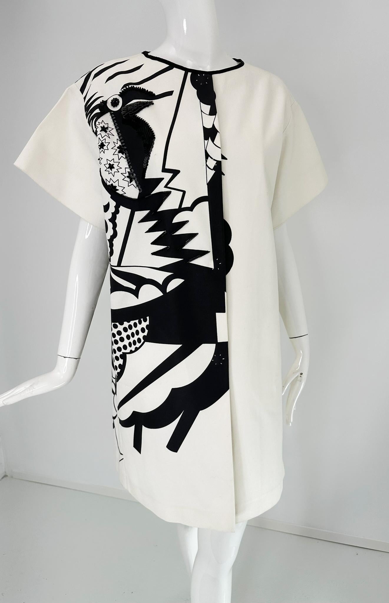 Piazza Sempione Black & White Pop Art Cotton Canvas Smock Dress 46 For Sale 6