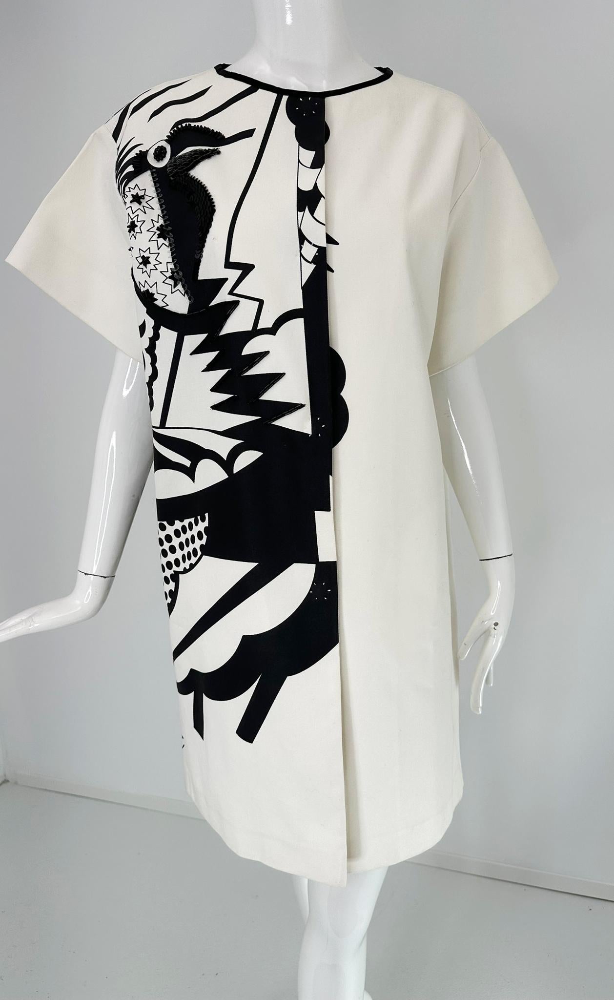 Piazza Sempione Black & White Pop Art Cotton Canvas Smock Dress 46 For Sale 7