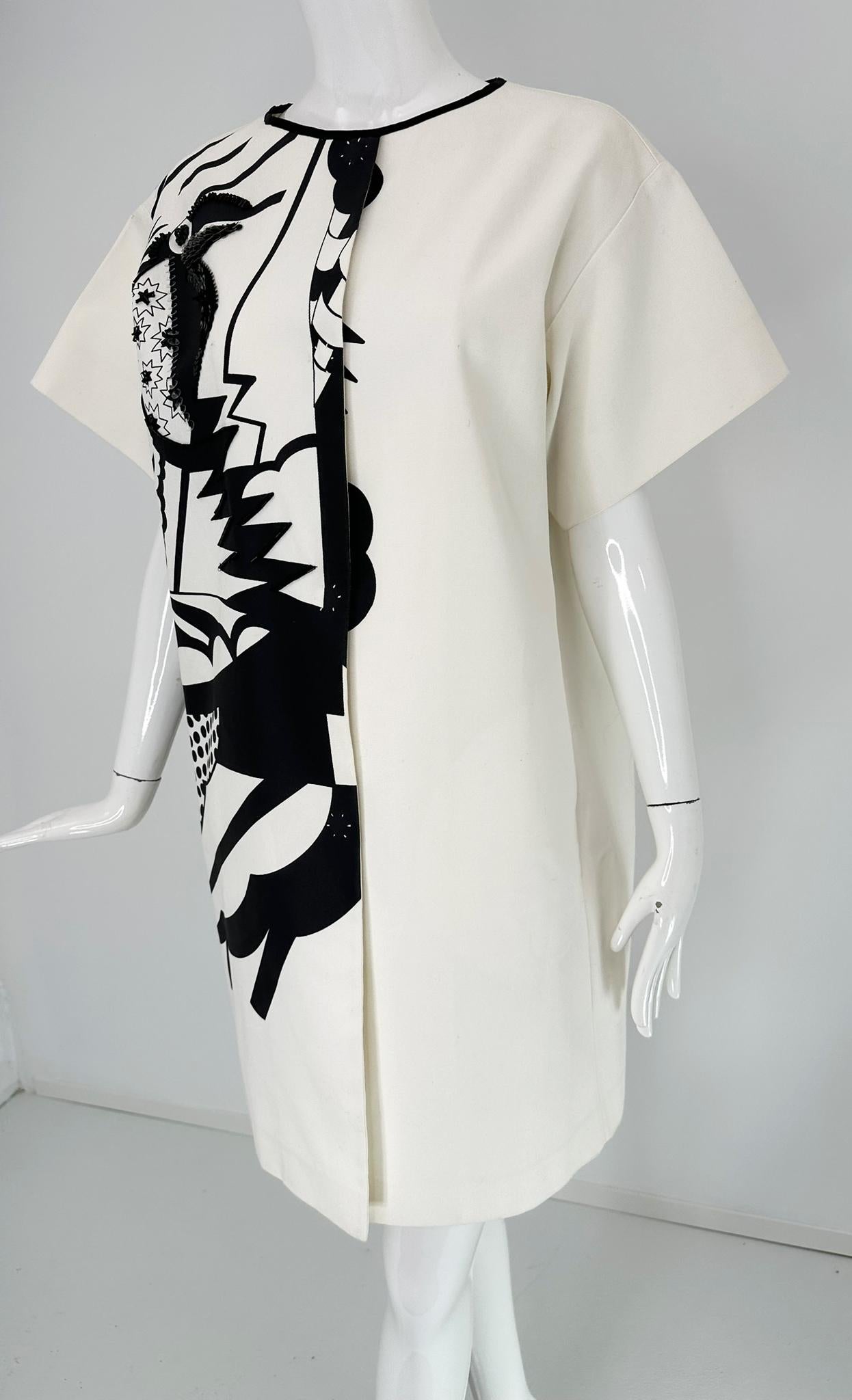 Piazza Sempione Black & White Pop Art Cotton Canvas Smock Dress 46 For Sale 8