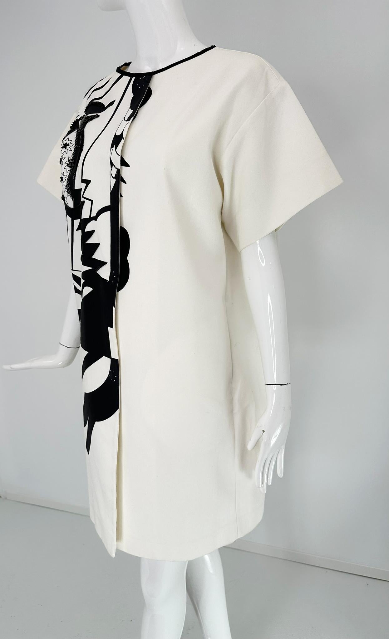 Piazza Sempione Black & White Pop Art Cotton Canvas Smock Dress 46 For Sale 9