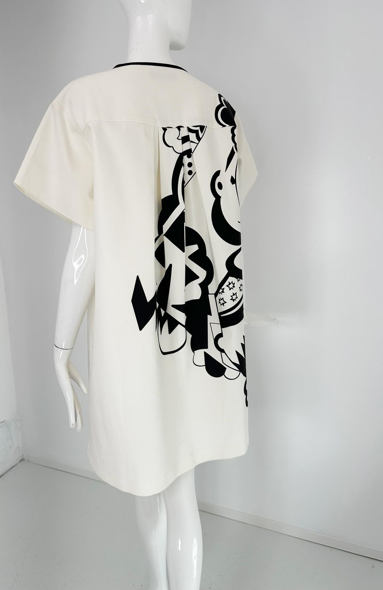 Women's Piazza Sempione Black & White Pop Art Cotton Canvas Smock Dress 46 For Sale