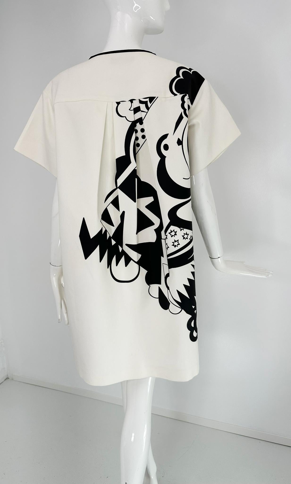 Piazza Sempione Black & White Pop Art Cotton Canvas Smock Dress 46 For Sale 1