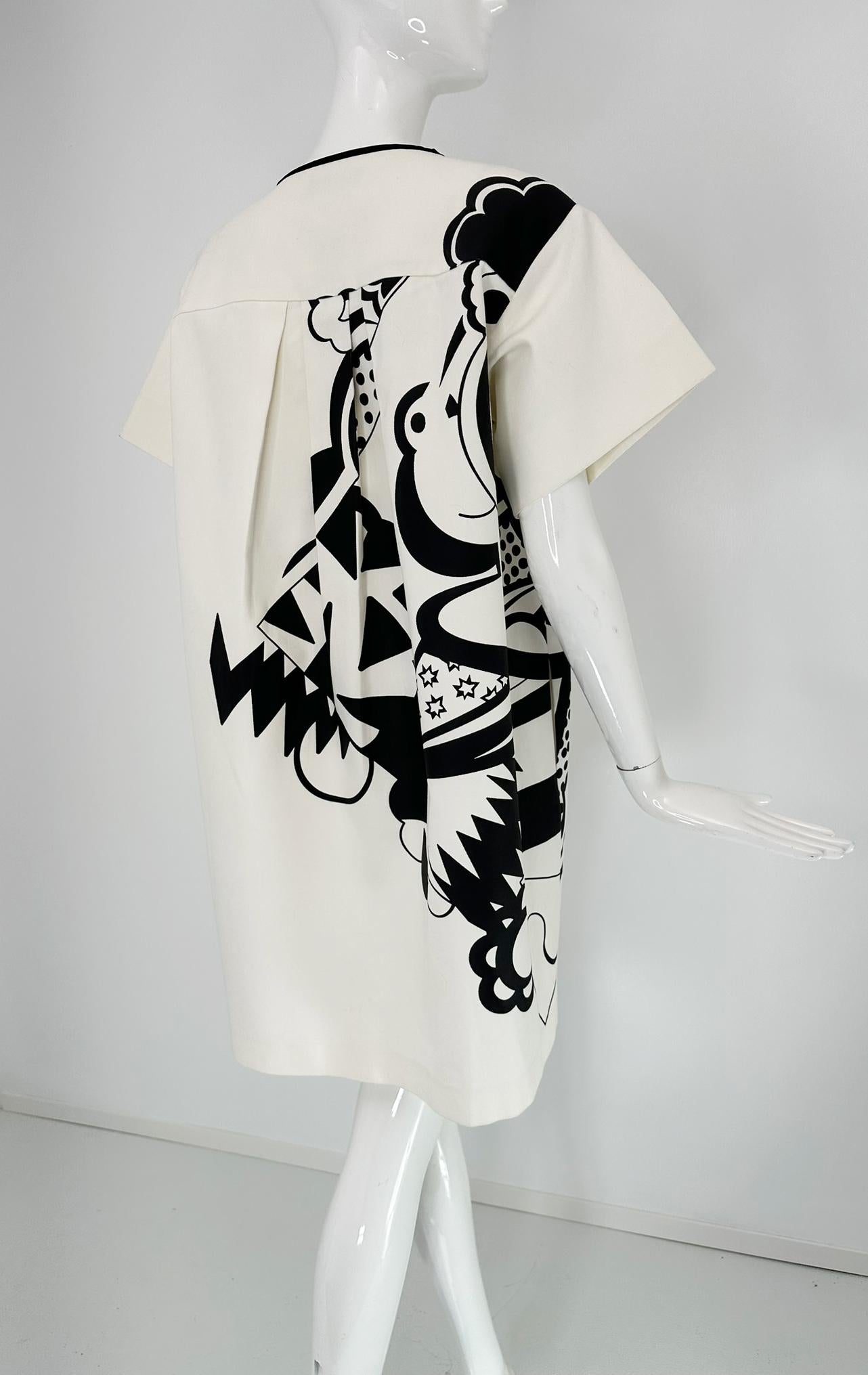 Piazza Sempione Black & White Pop Art Cotton Canvas Smock Dress 46 For Sale 2