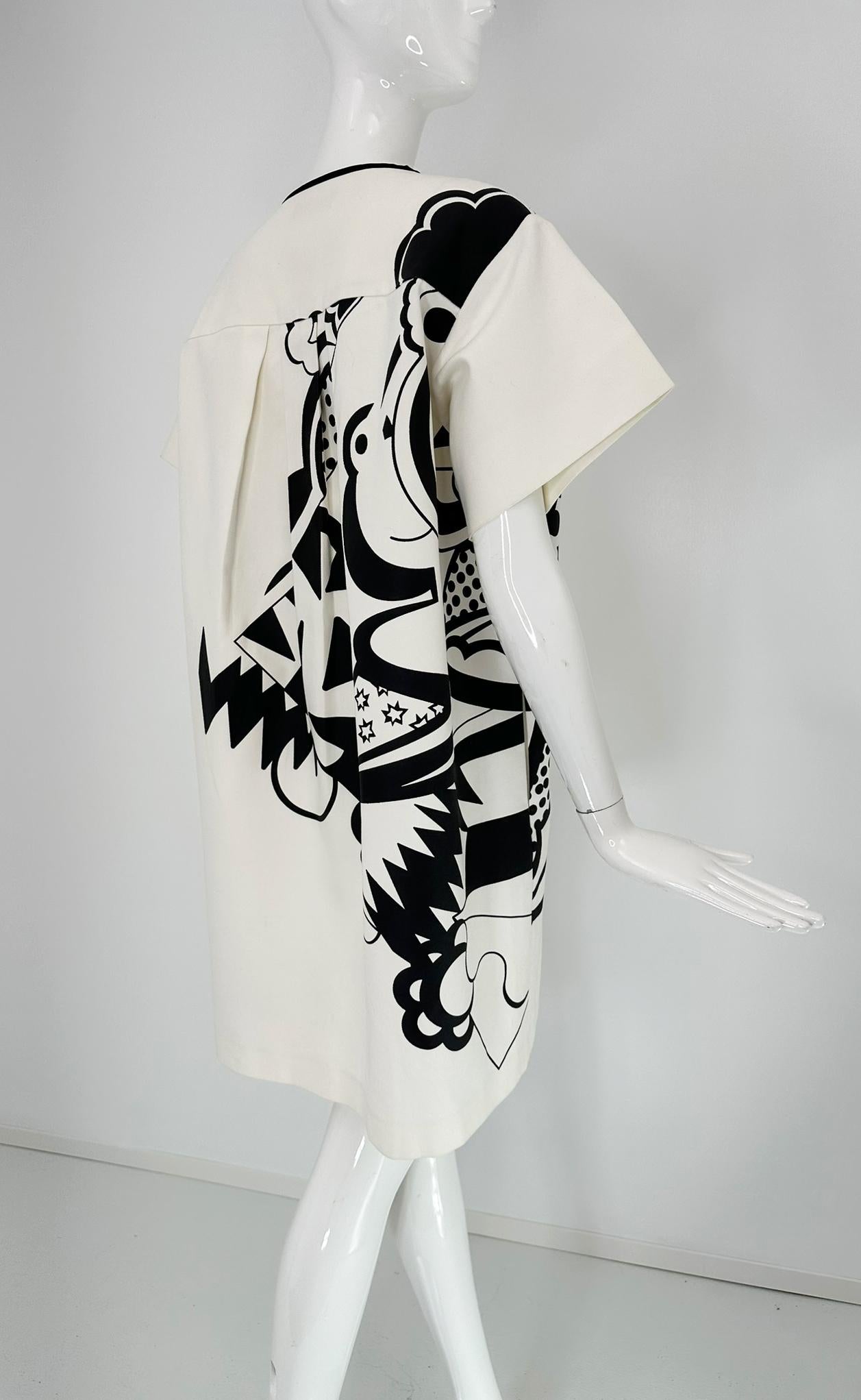 Piazza Sempione Black & White Pop Art Cotton Canvas Smock Dress 46 For Sale 3