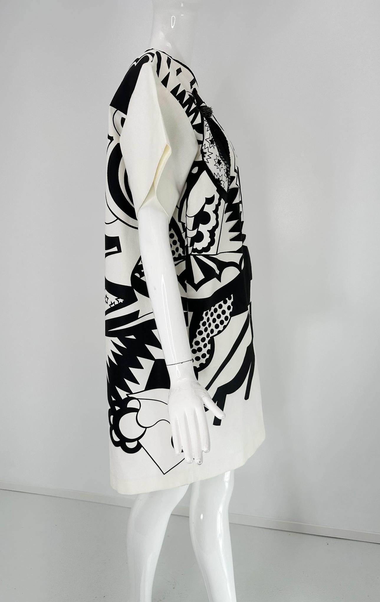 Piazza Sempione Black & White Pop Art Cotton Canvas Smock Dress 46 For Sale 4