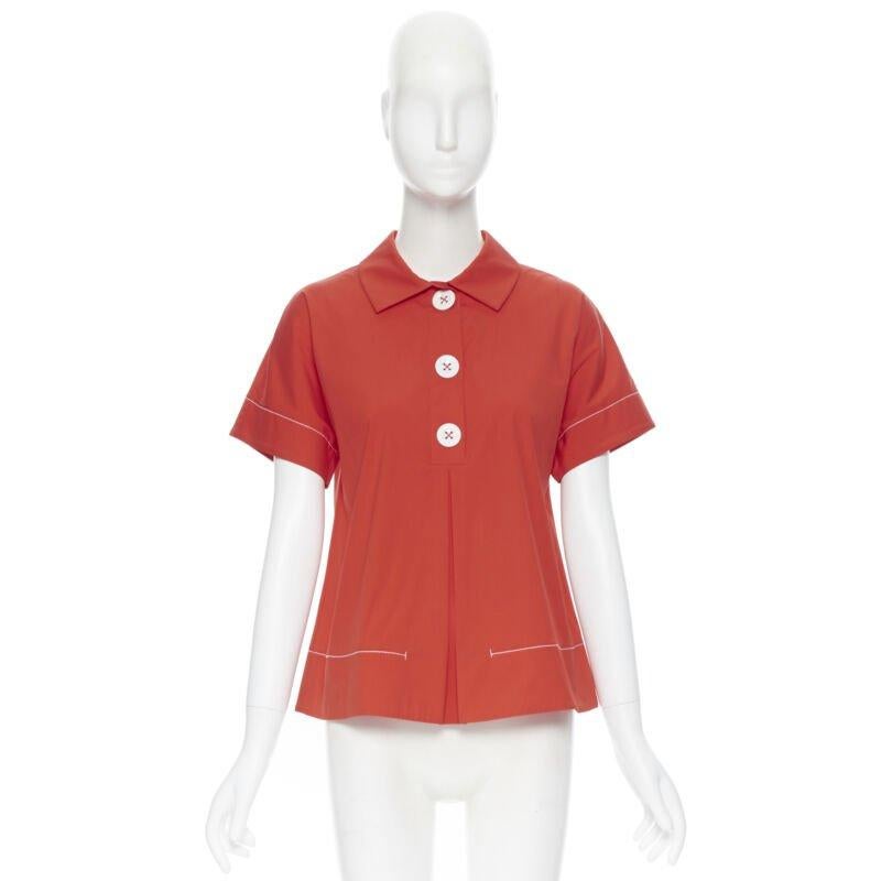 Orange PIAZZA SEMPIONE red cotton blend white overstitch babydoll blouse top IT38 For Sale
