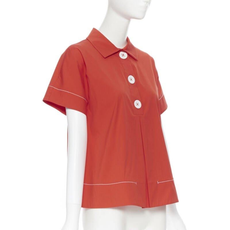 PIAZZA SEMPIONE red cotton blend white overstitch babydoll blouse top IT38 In Excellent Condition For Sale In Hong Kong, NT