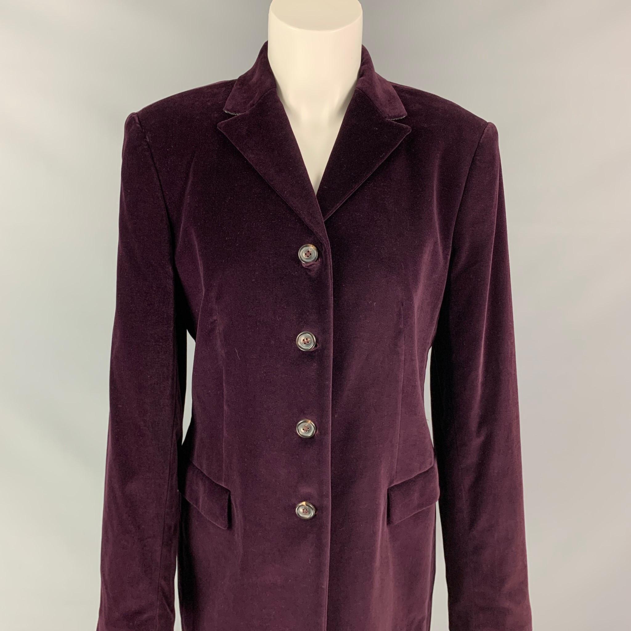 PIAZZA SEMPIONE coat comes in a purple cotton velvet with a full liner featuring a notch lapel, flap pockets, and a three button closure. Made in Italy. 

Very Good Pre-Owned Condition.
Marked: 44

Measurements:

Shoulder: 16 in.
Bust: 36