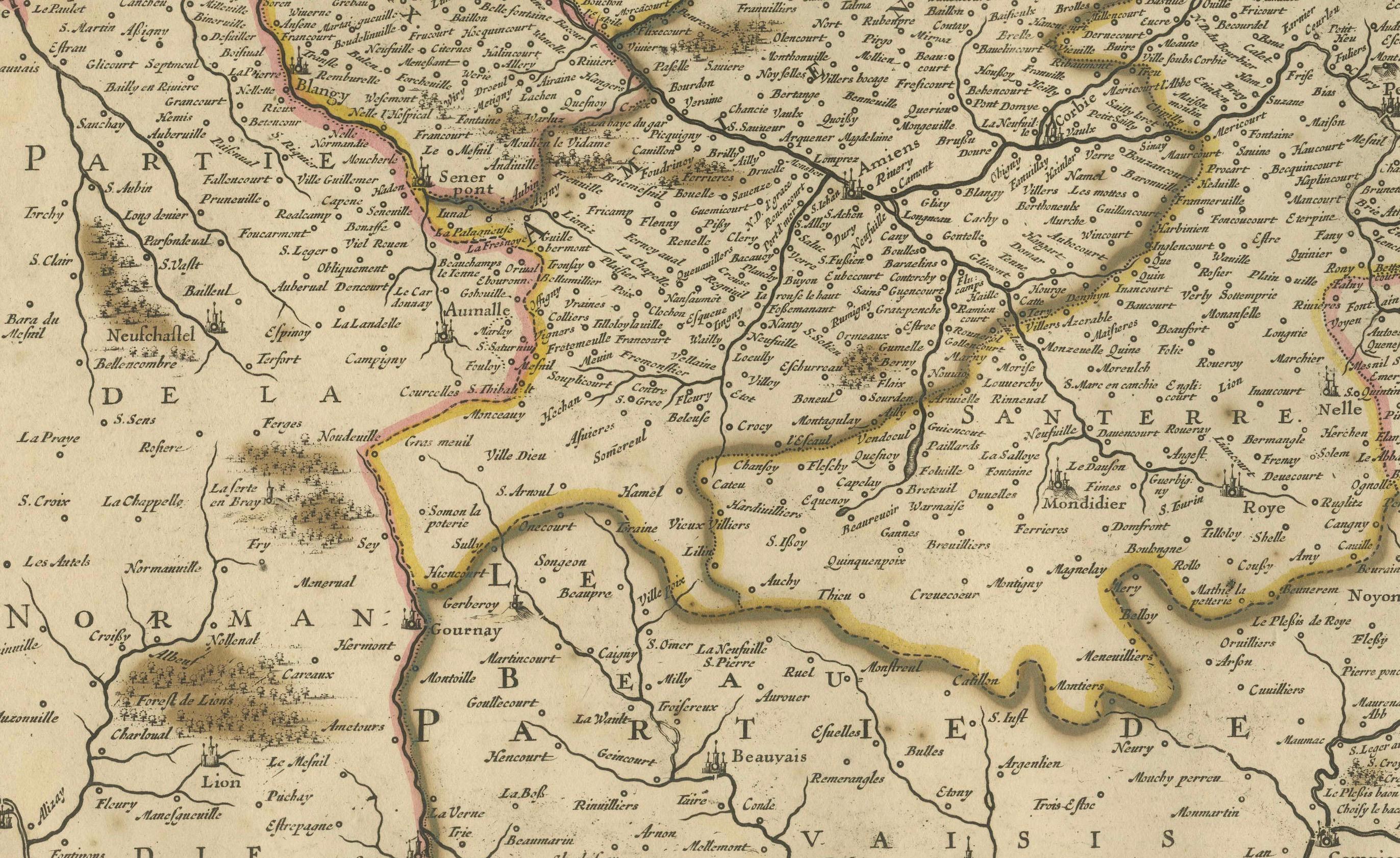 Engraved Picardy Map - Hand-Colored 17th-Century Engraving by Frederik De Wit c. 1688 For Sale