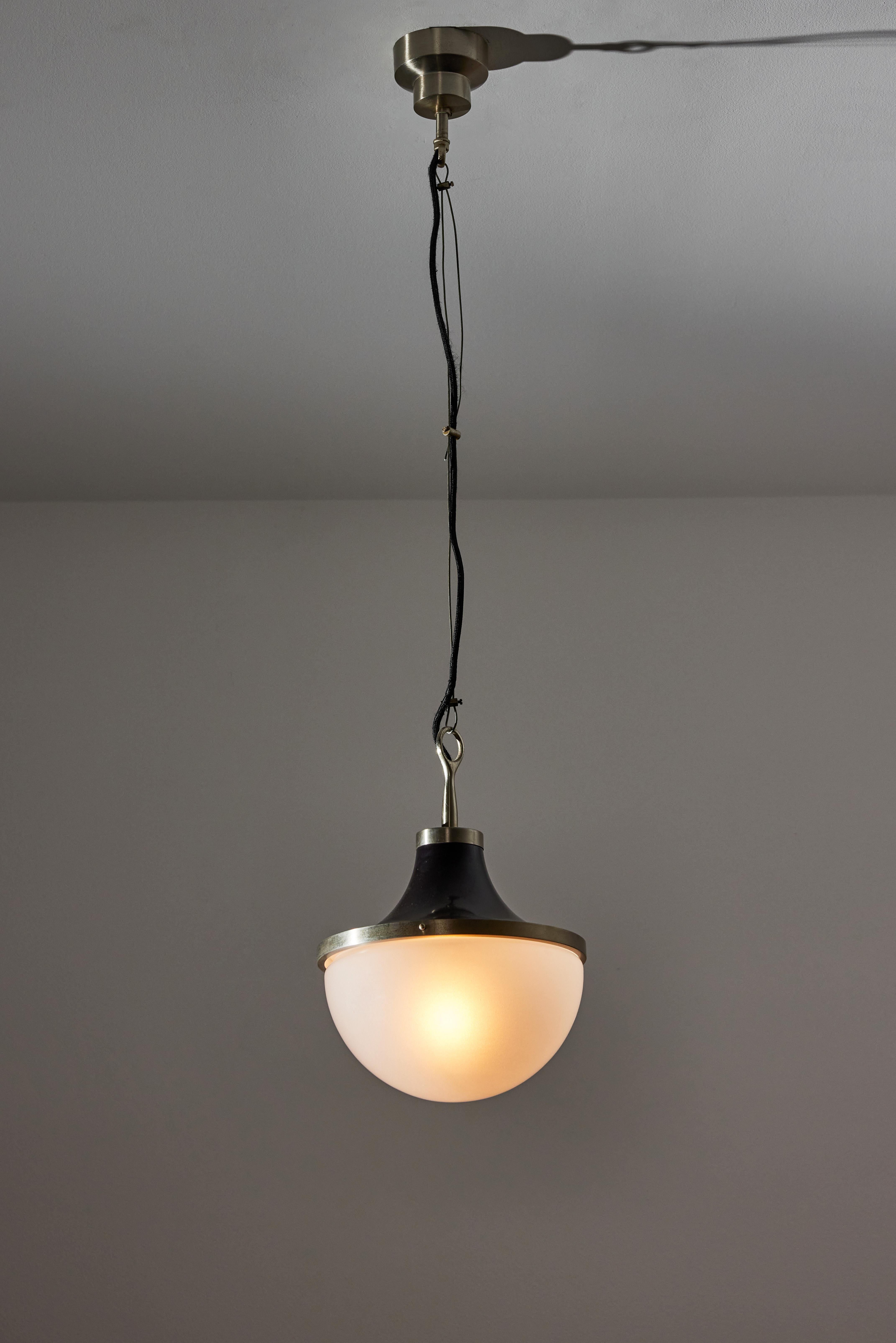 Picaro suspension light by Sergio Mazza for Artemide. Designed and manufactured in Italy, circa 1960s. Glass, brushed nickel, painted metal, brass. Custom brushed nickel-plated ceiling plate. Wired for U.S. standards. We recommend one E27 75w
