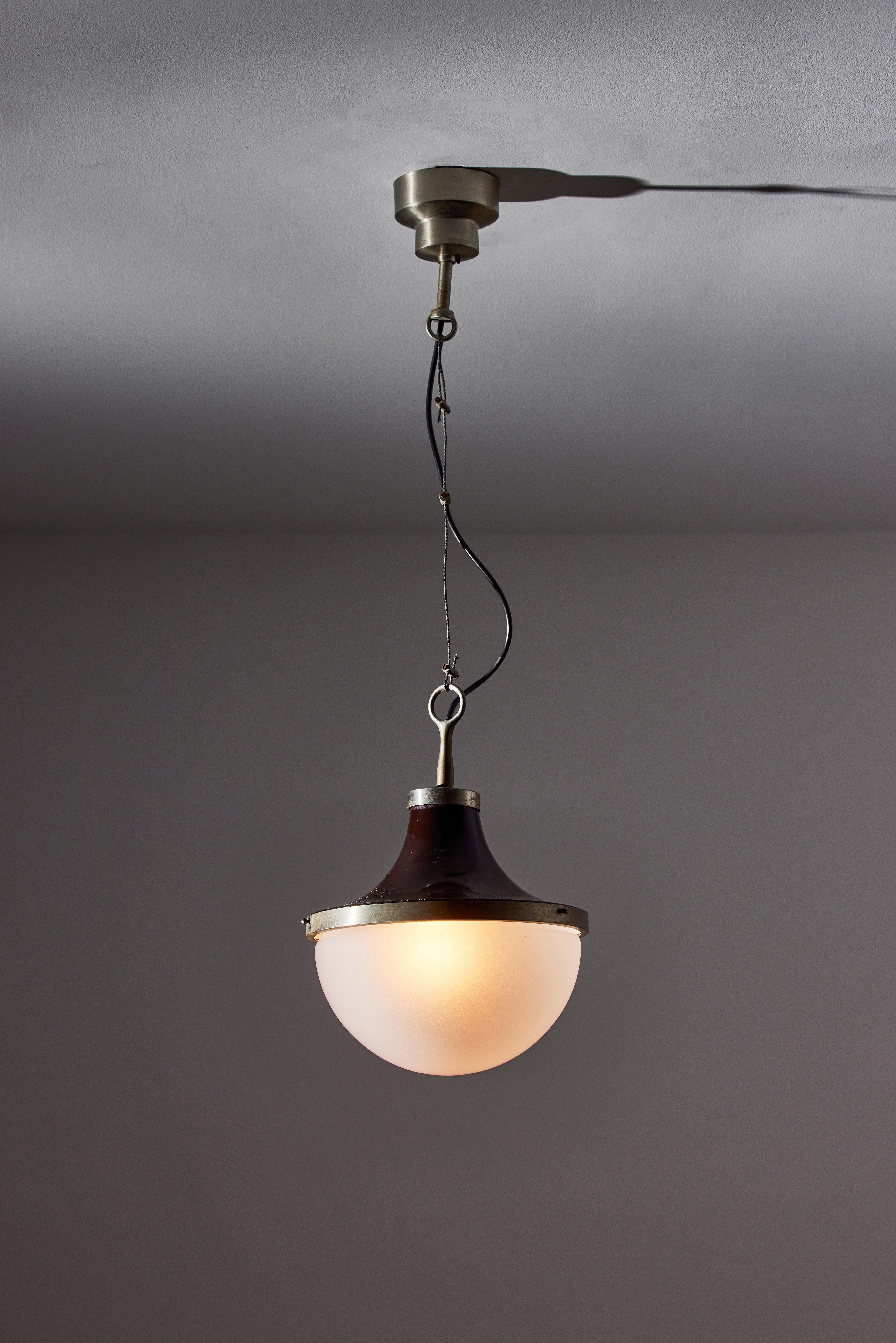 Picaro suspension light by Sergio Mazza for Artemide. Designed and manufactured in Italy, circa 1960s. Glass, brushed nickel, painted metal, brass. Custom brushed nickel-plated ceiling plate. Wired for U.S. standards. We recommend one E27 75w