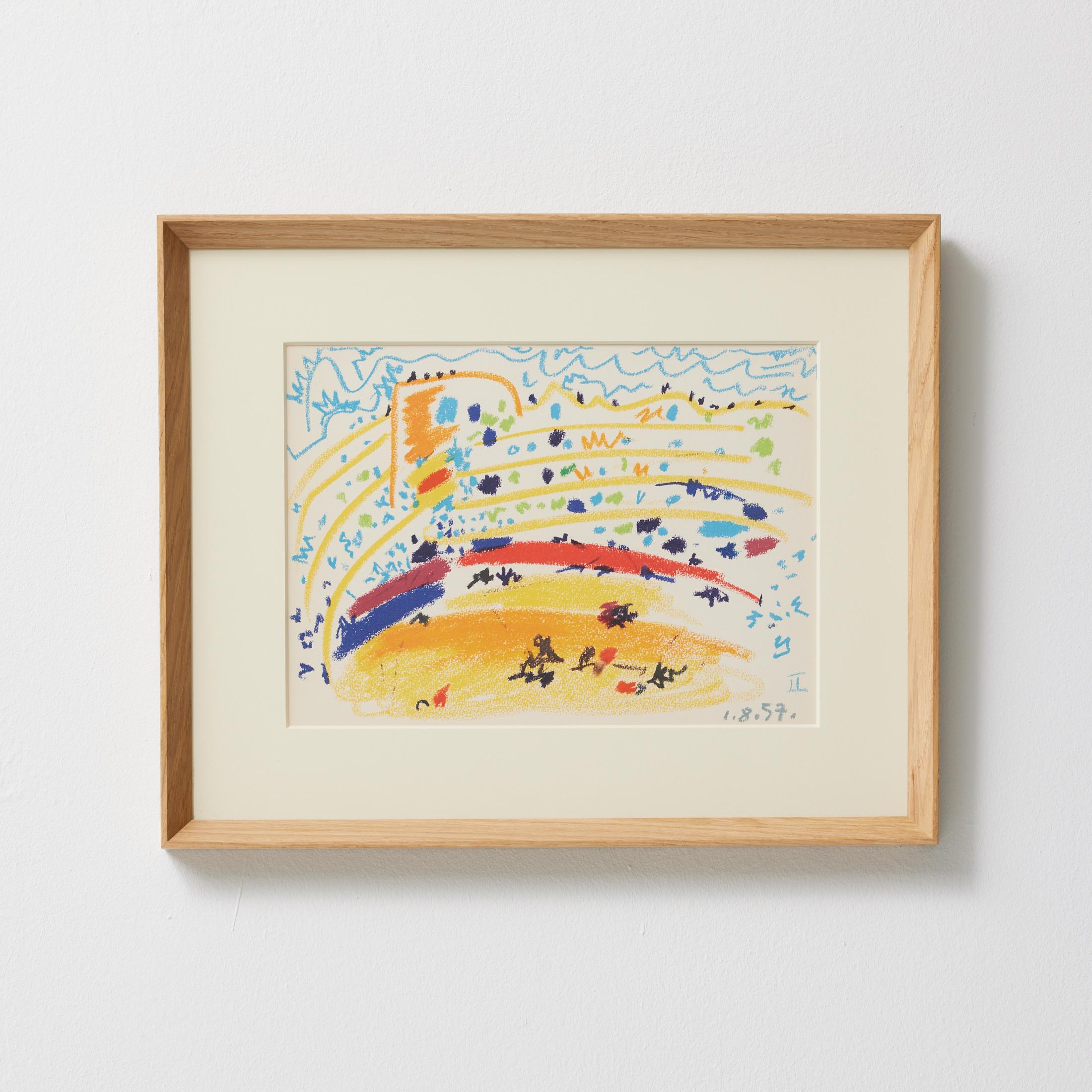 A vibrant original lithographic plate from Toros y Toreros, the celebrated 1961 monograph dedicated to Pablo Picasso’s exploration of the Spanish bullfight. Published by Éditions Cercle d’Art in Paris, this edition presents over 100 of Picasso’s