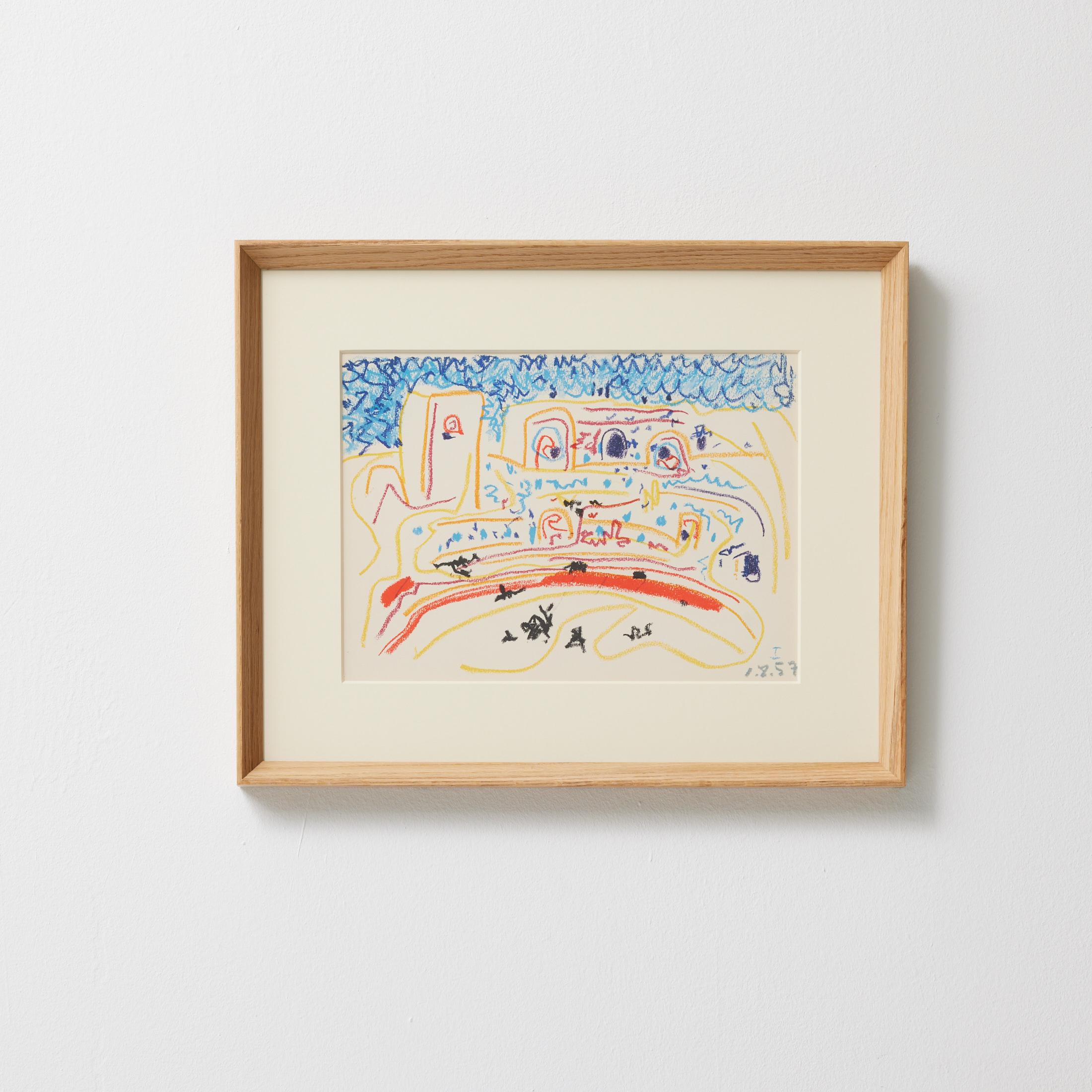 Eine lebendige Original-Lithografie aus Toros y Toreros, der berühmten Monografie von 1961, die Pablo Picassos Erforschung des spanischen Stierkampfes gewidmet ist. Die von Éditions Cercle d'Art in Paris herausgegebene Ausgabe präsentiert über 100
