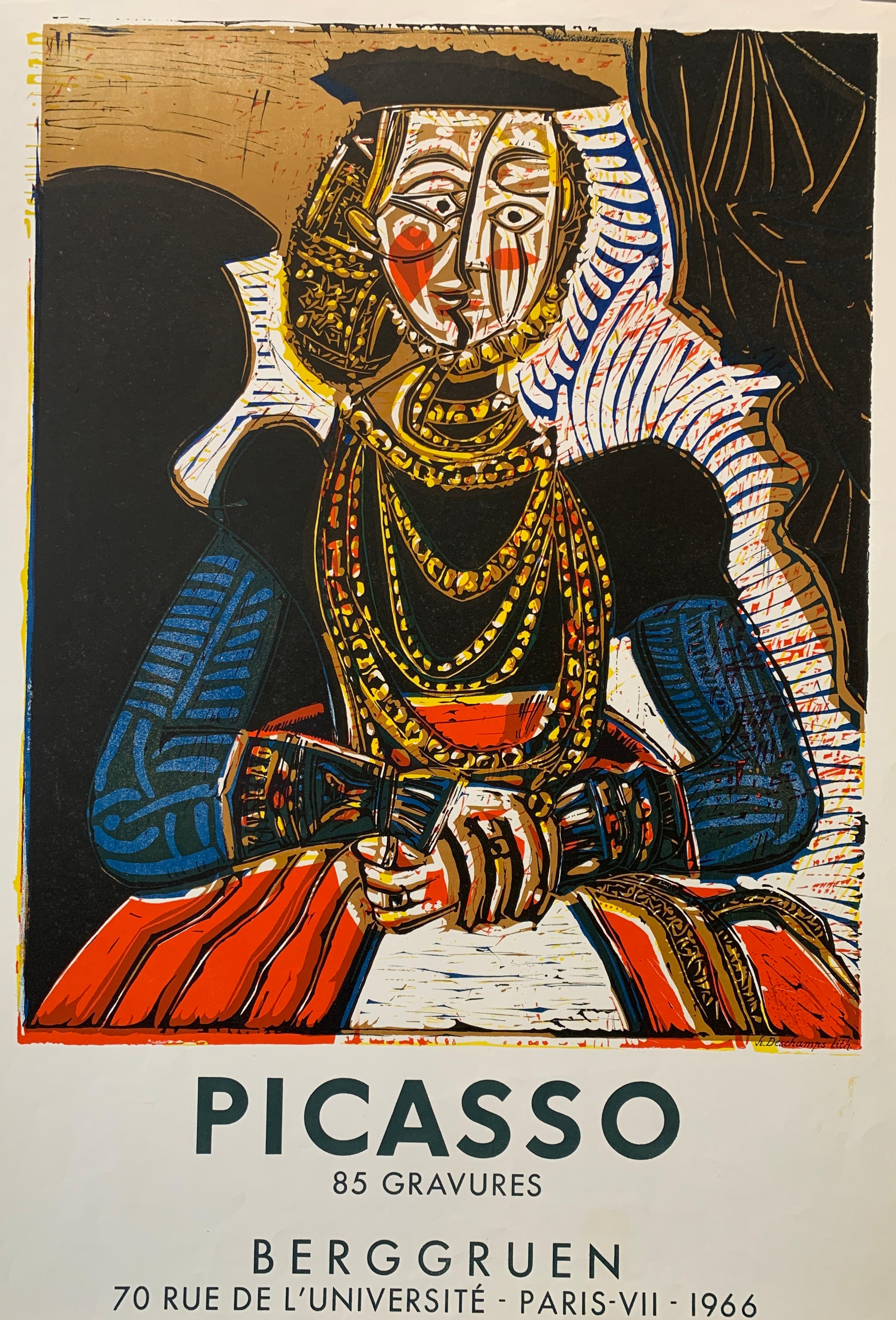 This 1966 poster is promoting an exhibition of the works by Pablo Picasso, from the Heinz Berggruen collection which is held in Paris, France.  In this image, we see a rendition of Picasso’s unique talent of transforming existing works to compose a