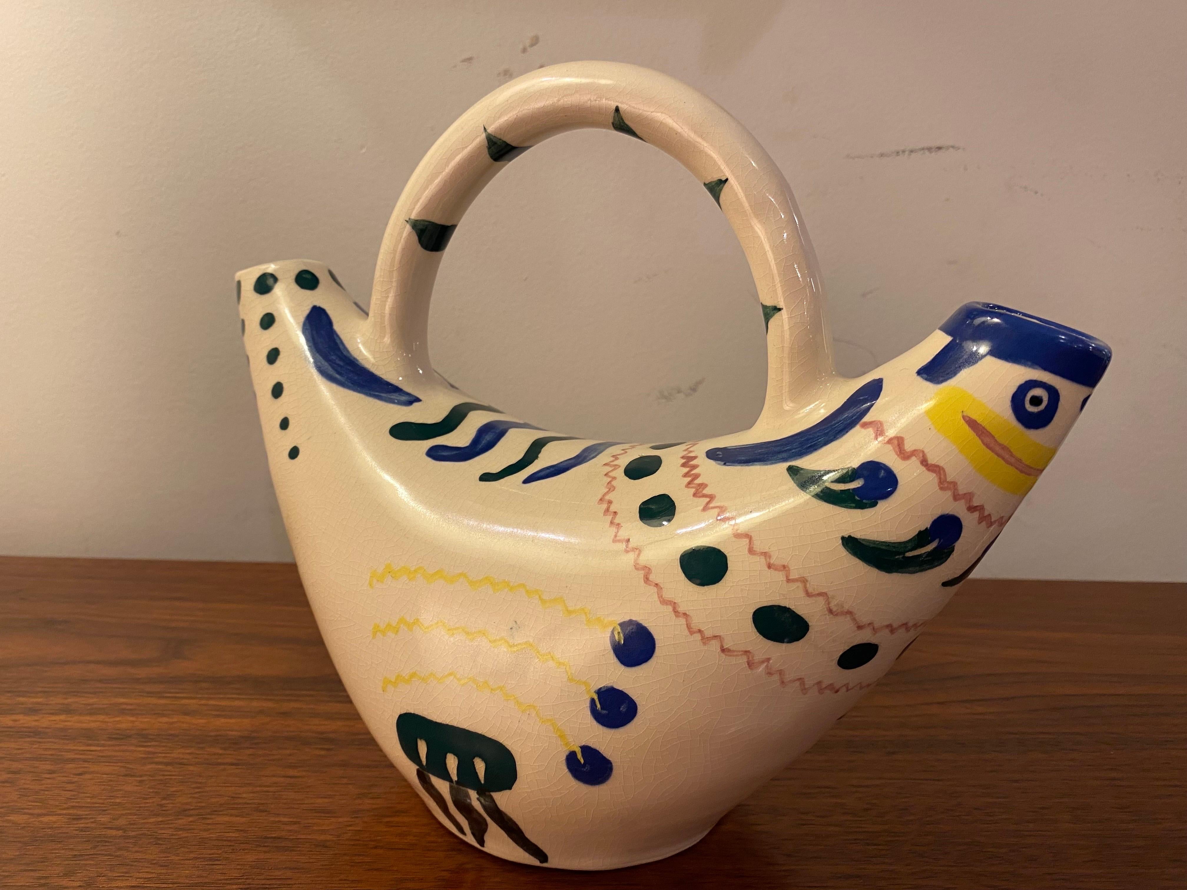 Picasso 2 spouted bird pitcher. Nice colors and size and scale. Signed to body and maker's mark to bottom.