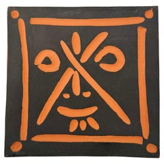 Picasso Ceramic Edition Madoura , Square plaque "Face with X shaped lines" 1968