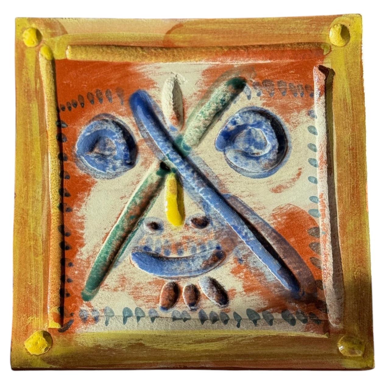Picasso Ceramic Edition Madoura , Square plaque "Face with X shaped lines" 1968