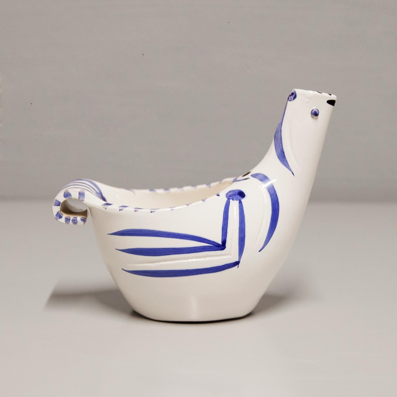 Pablo Picasso designed Stone Vase Faience in white clay with blue and black painting, glazed. Ex. 129/500. Madoura, Edition Picasso. Madoura Plein Feu. 16 H x22 W x 10.5 D cm. Ramie 435.