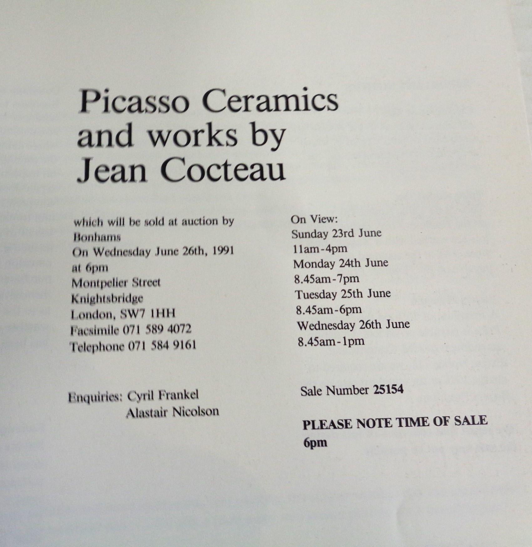 Mid-Century Modern CERAMIQUE PICASSO et œuvres de Jean Cocteau - 1991 Bonhams, Londres en vente