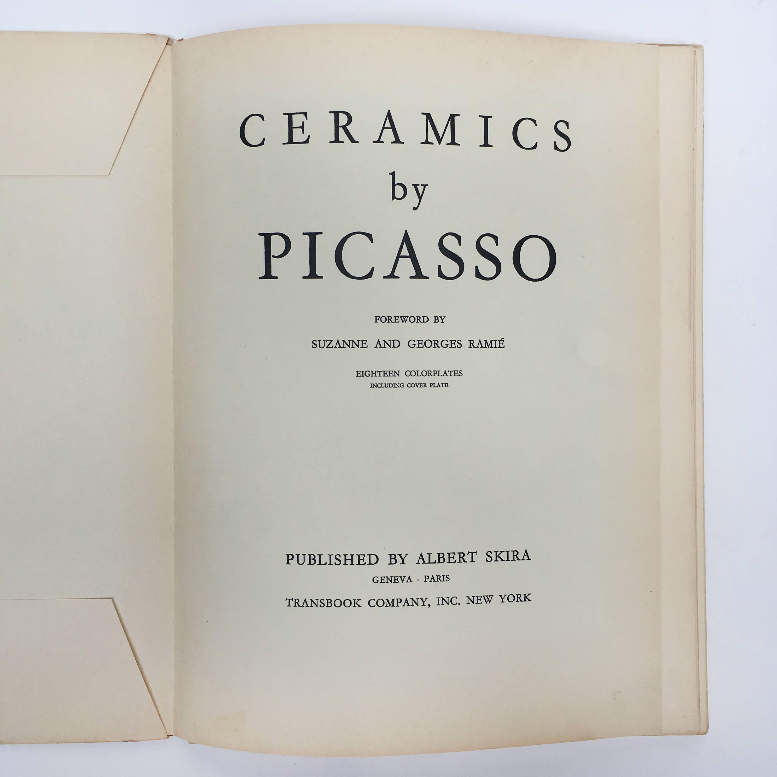 First edition, published by Albert Skira, 1950.

This is a beautiful un-paginated portfolio of all 18 tipped-in photographs of Picasso ceramics, 17 inside and one on the cover. Each of these prints are cut to the shape of the ceramic and have a