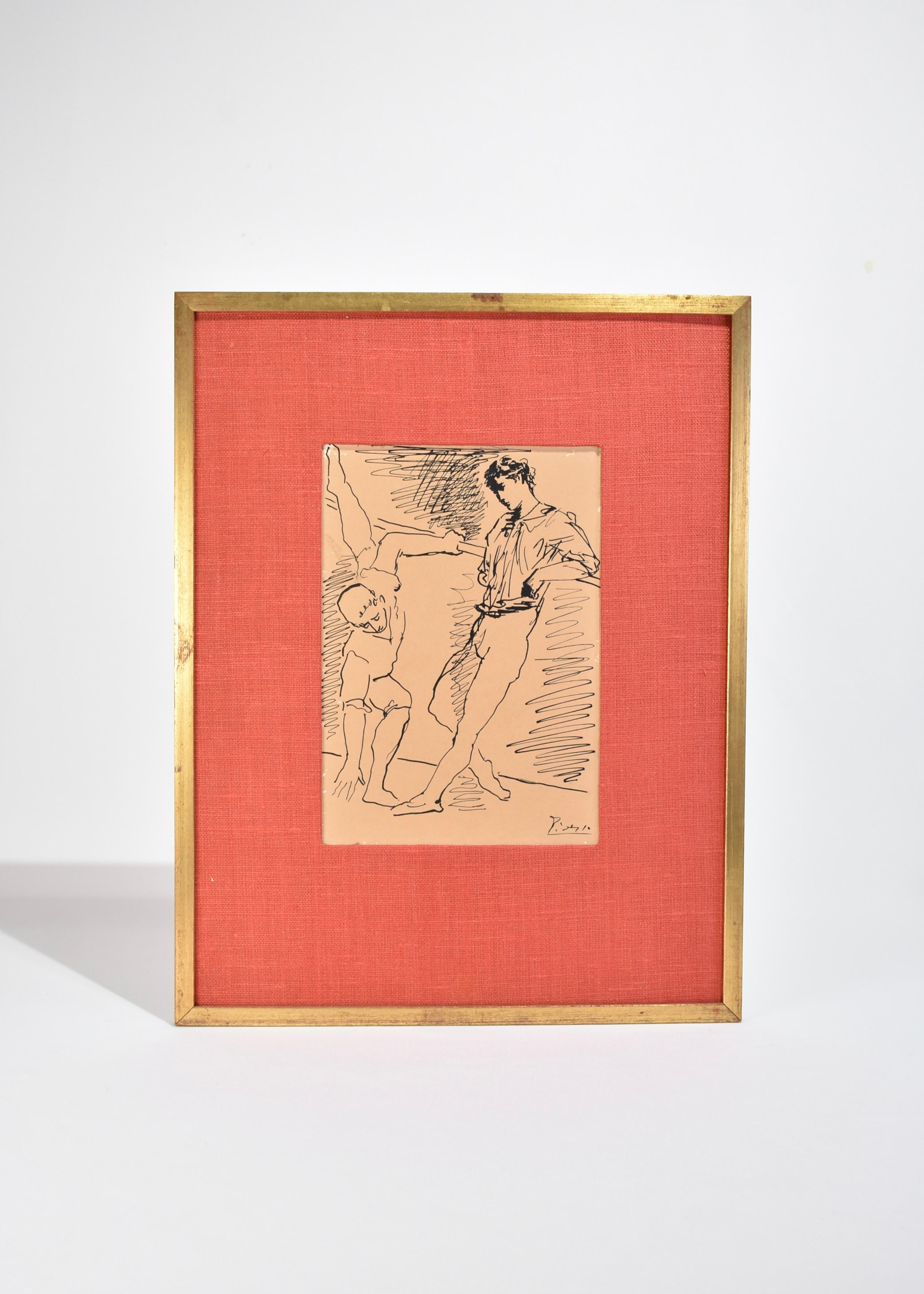 Rare, vintage artwork featuring two Russian ballet dancers from Picasso's series Grace and Movement. circa 1940. Signed on the bottom left, Picasso.

Framed in original giltwood with red fabric matte and a metal bar on the back for hanging. Frame