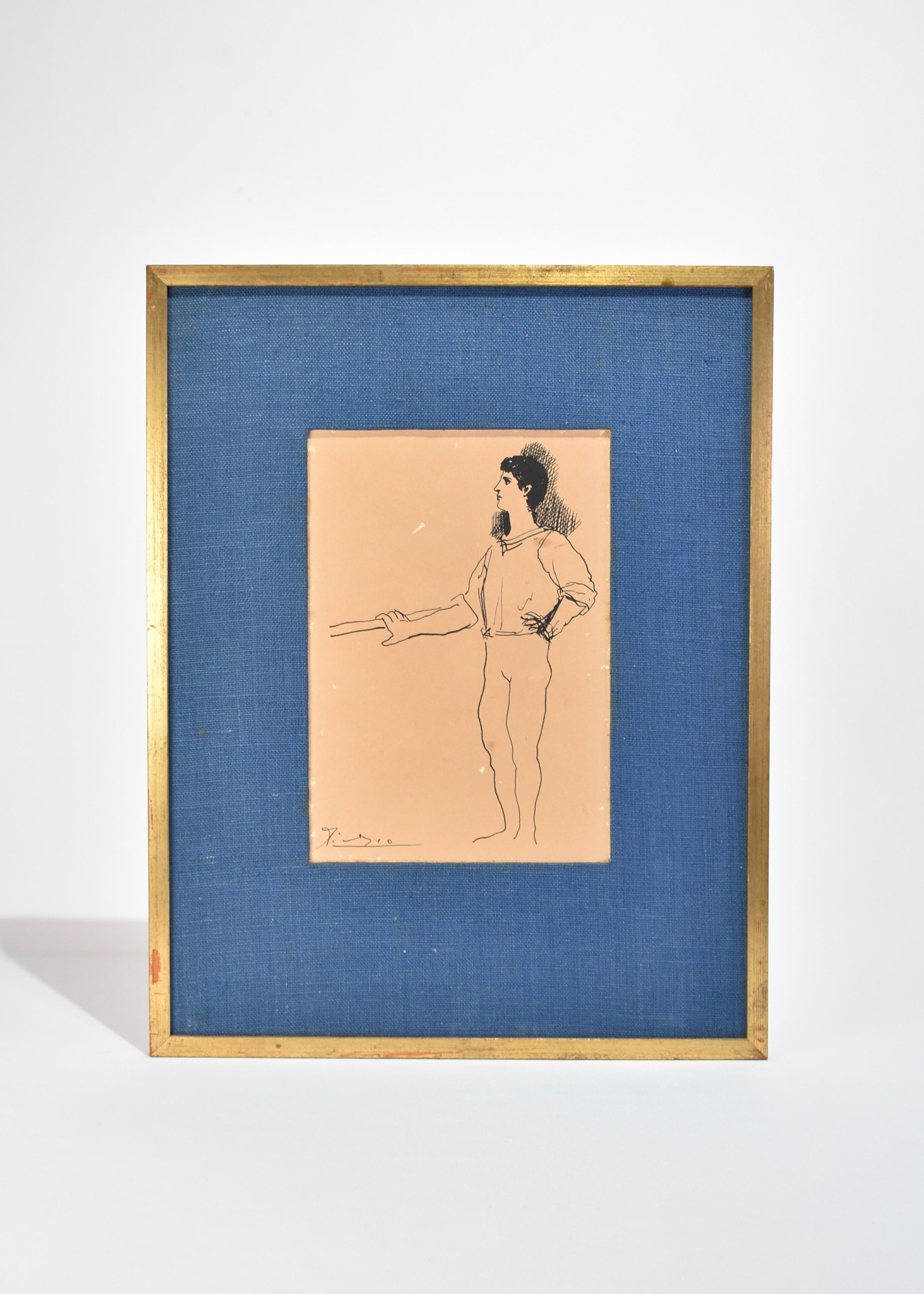 Rare, Vintage artwork featuring a Russian ballet dancer from Picasso's series Grace and Movement. circa 1940. Signed on the bottom left, Picasso.

Framed in original giltwood with blue fabric matte and a metal bar on the back for hanging. The