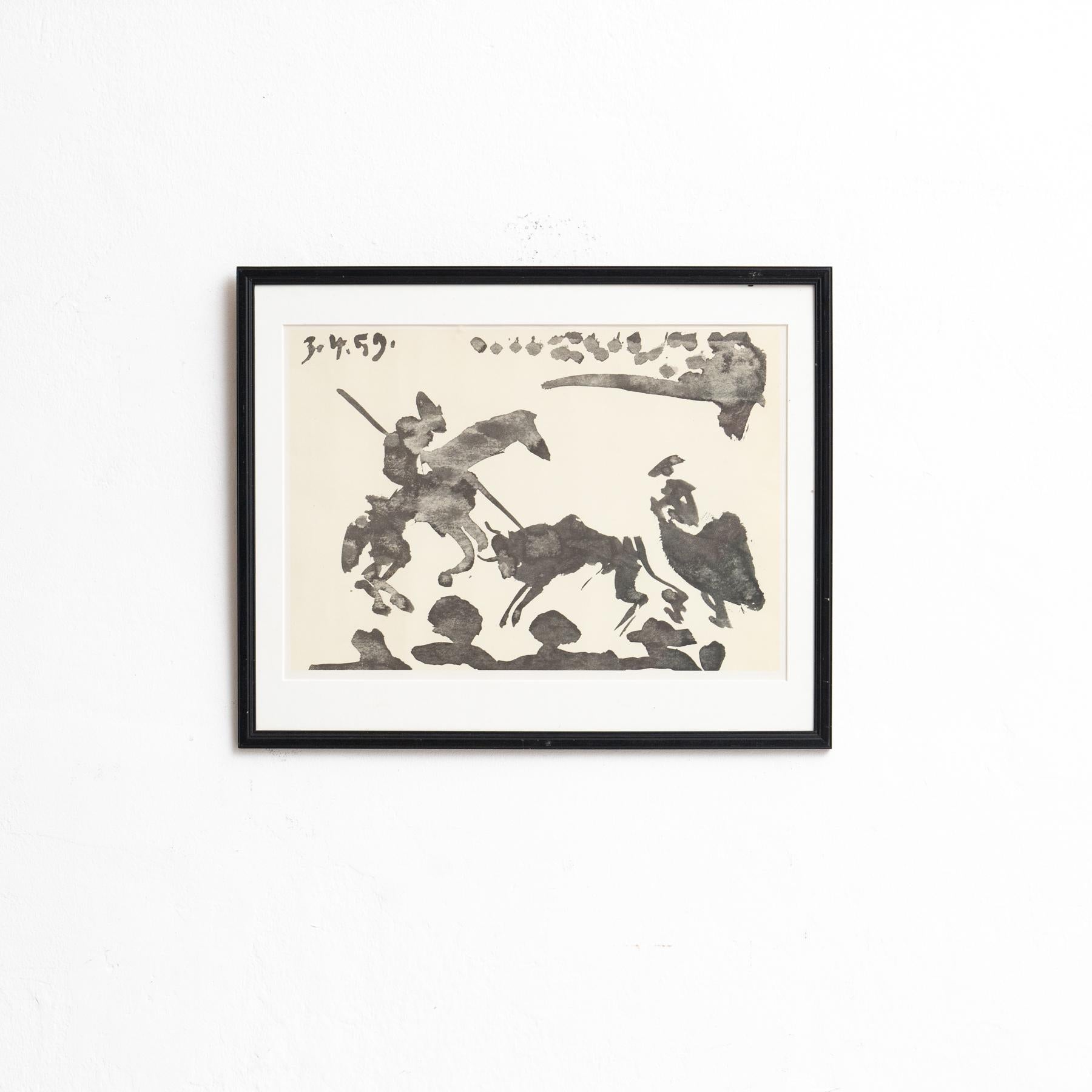 Presentamos un exquisito grabado de Pablo Picasso, testimonio de la destreza y la innovación del artista. Fechado en la piedra como 3.4.59, este dibujo grabado capta una hipnotizadora escena de toreros en tonos clásicos de blanco y negro, enmarcado