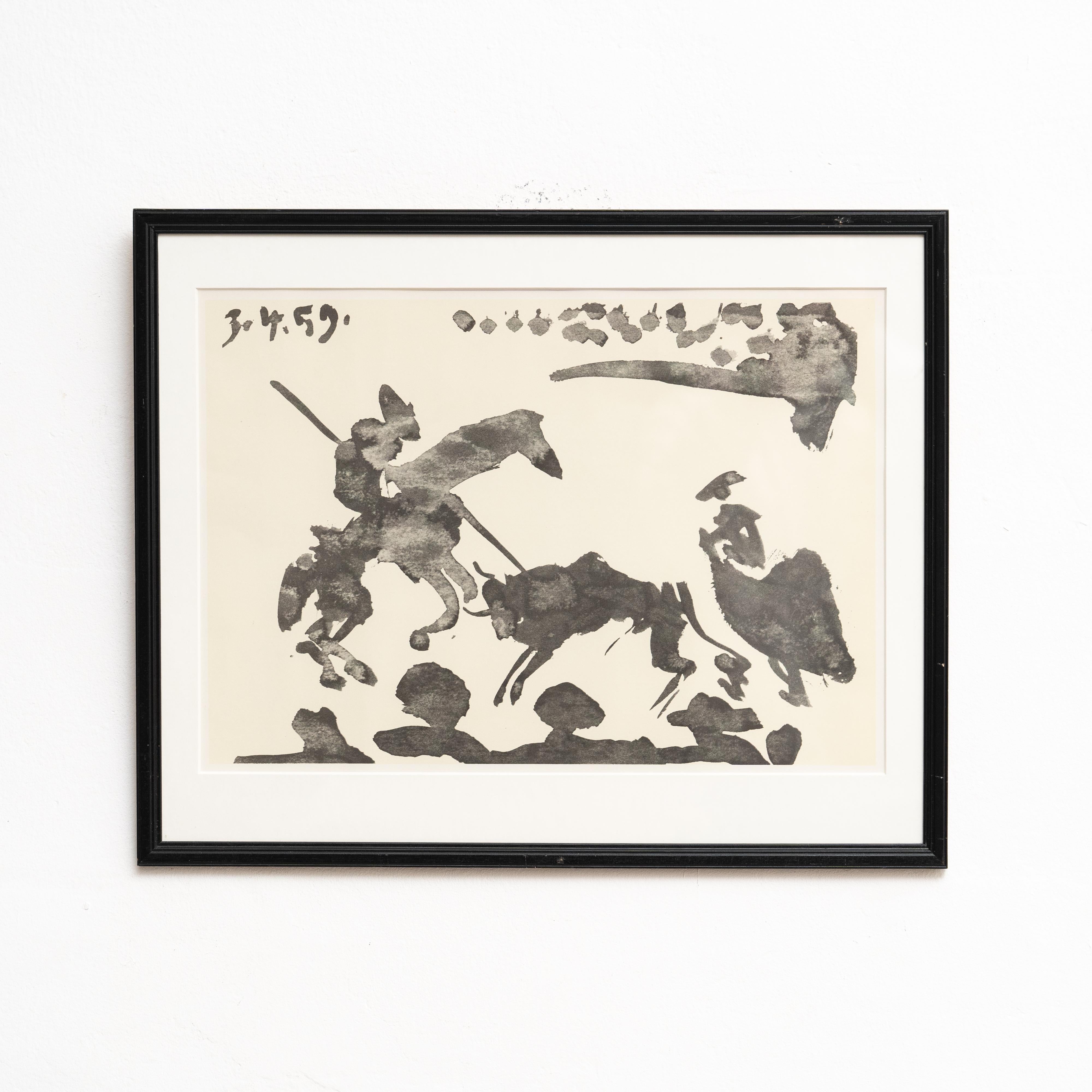 Presenting an exquisite lithographic piece by Pablo Picasso, a testament to the artist's prowess and innovation. Dated on the stone as 3.4.59, this drawing lithography captures a mesmerizing bullfighter scene in classic black and white tones, framed