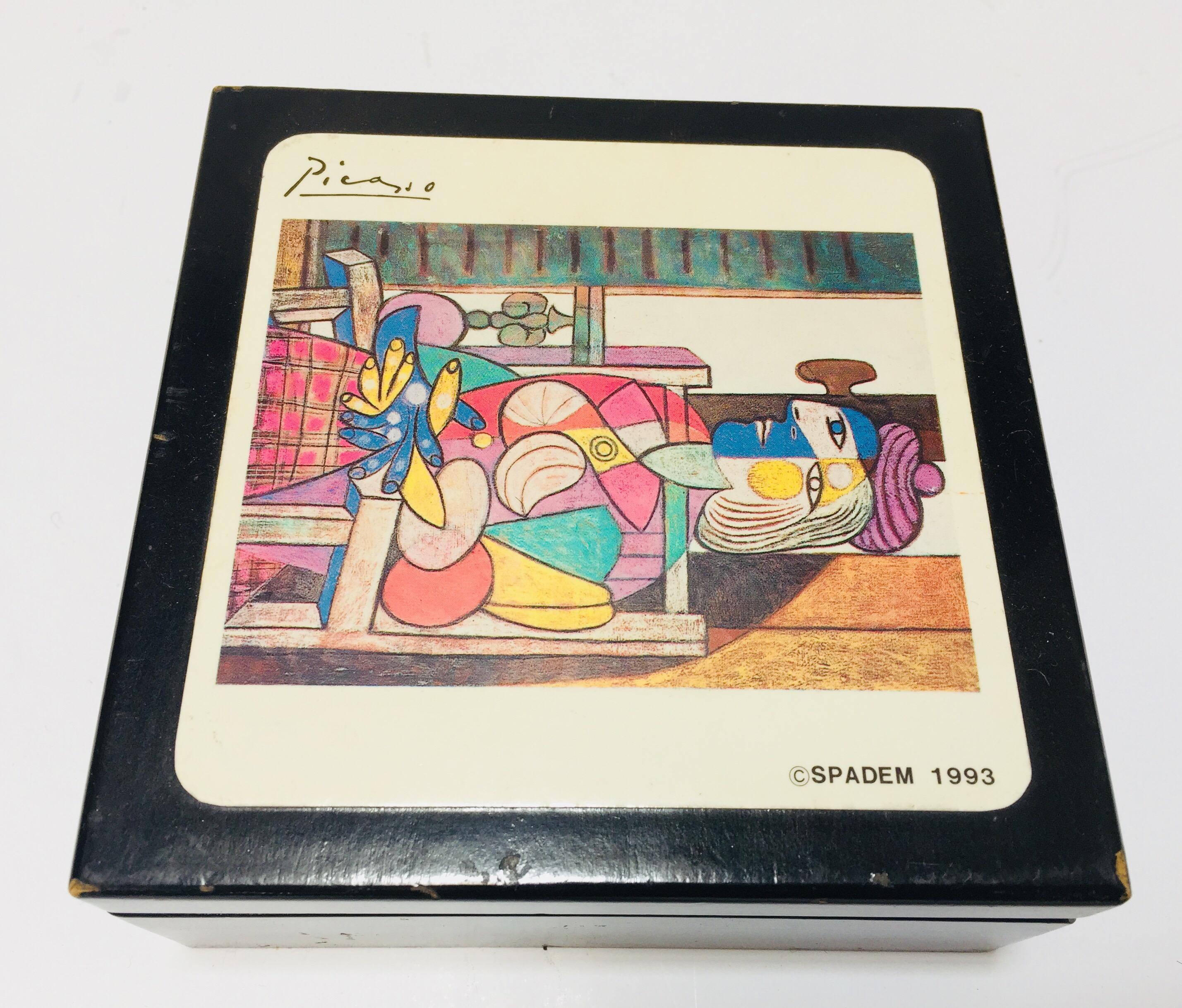 Set of six drink coasters in a wooden black box.
Each coaster has a different Picasso print originally done in edition from 1993.
S.P.A.D.E.M. Paris is the organization which maintained copyrights of Picasso's work in the 1990s.
The Society for