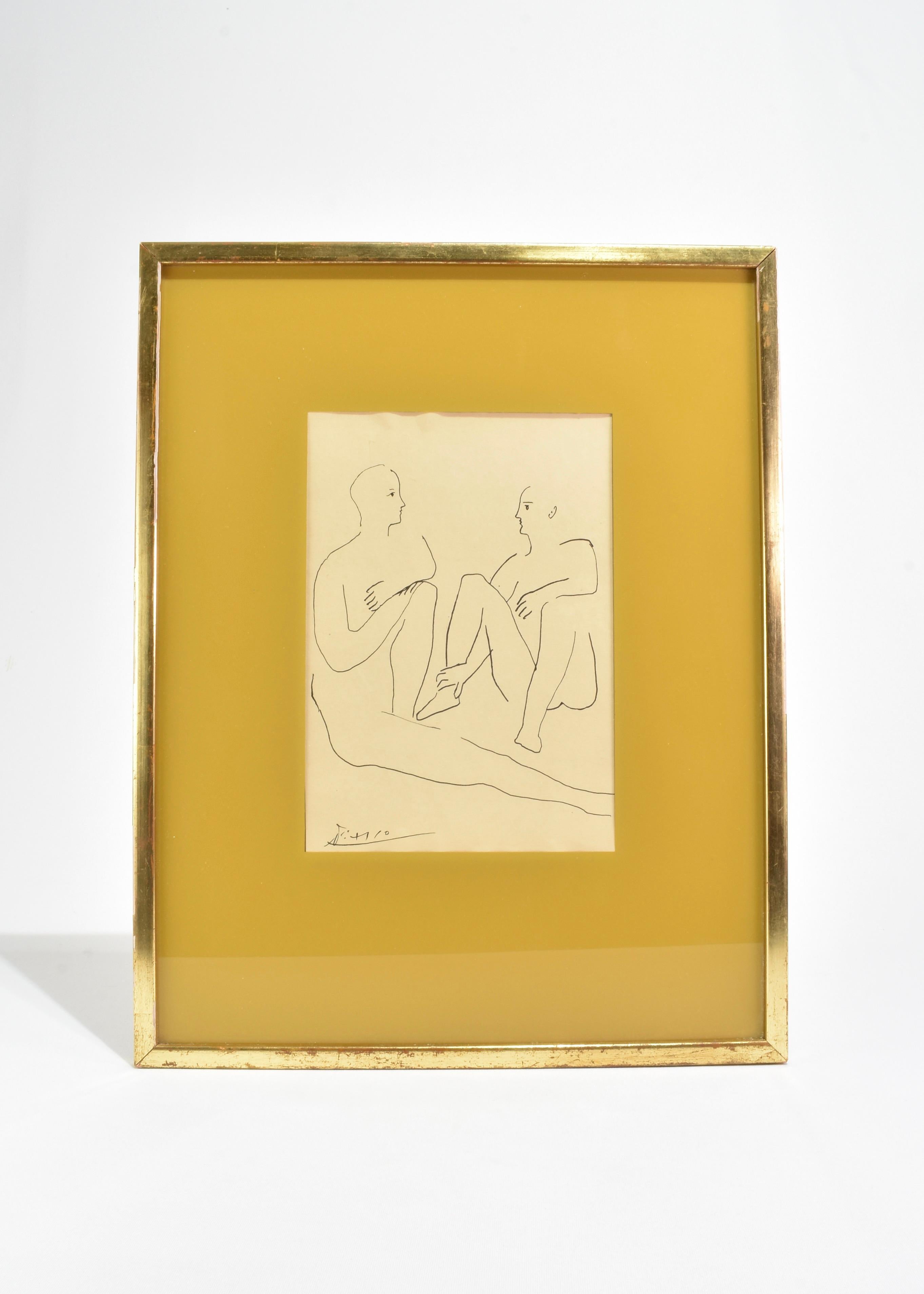 Rare, vintage artwork featuring two ballet dancers. Signed on the bottom left, Picasso. Framed in original gilt wood frame with a wire on the back and beautiful light olive colored matte.

Attributed to Picasso. Likely a copper engraving taken