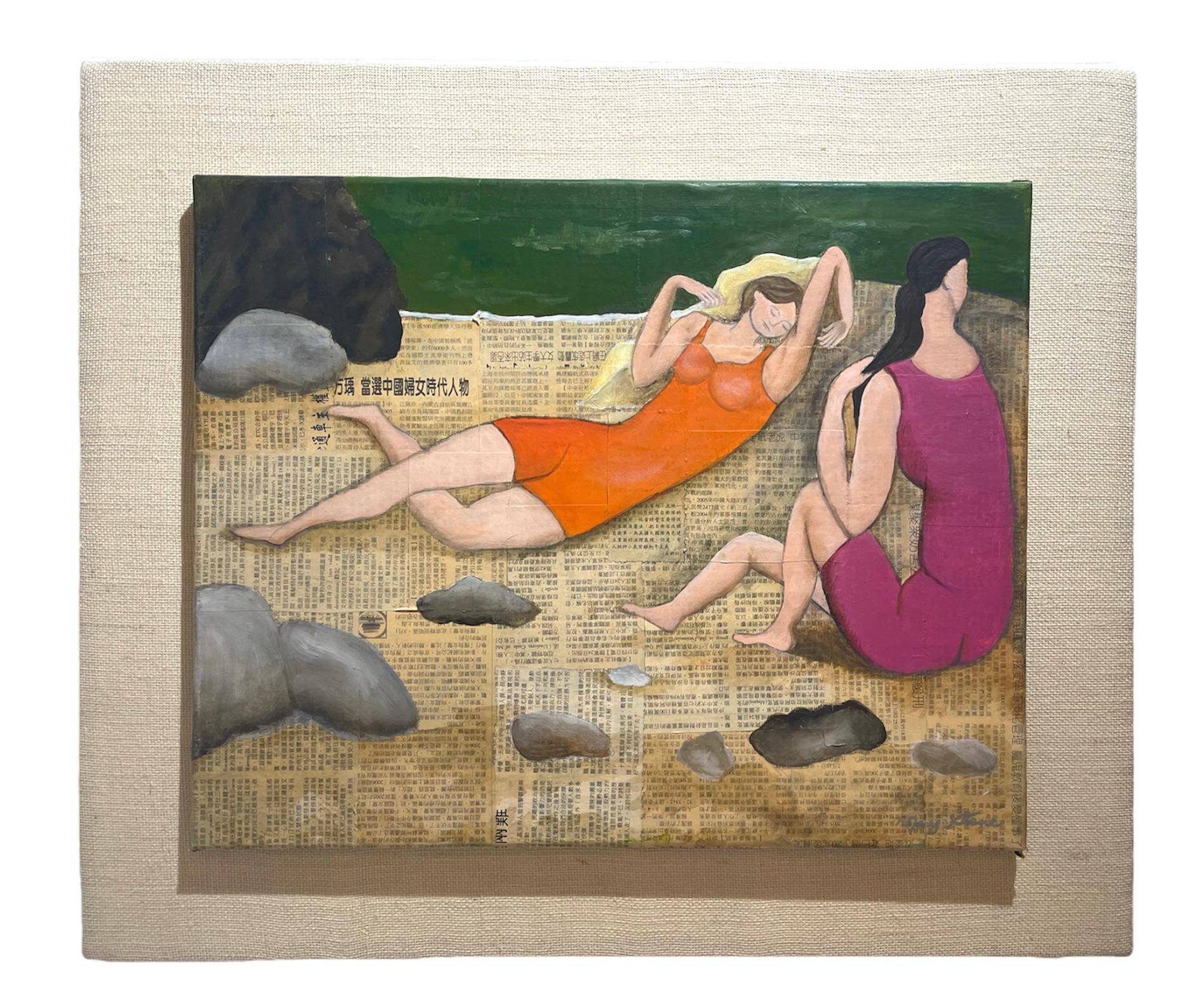 „Picasso Mädchen am Strand“, Öl auf Papier und Leinwand, Künstlerin Mary Stone (Organische Moderne) im Angebot