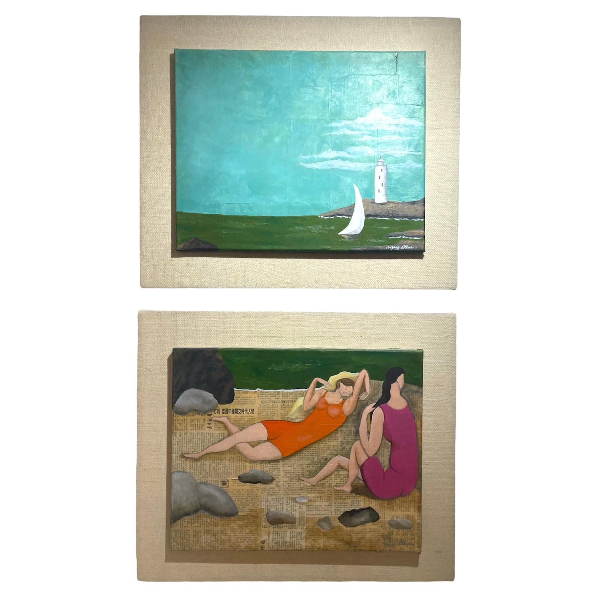 "Picasso Girls on Beach", Oil on Paper and Canvas, Artist Mary Stone For Sale