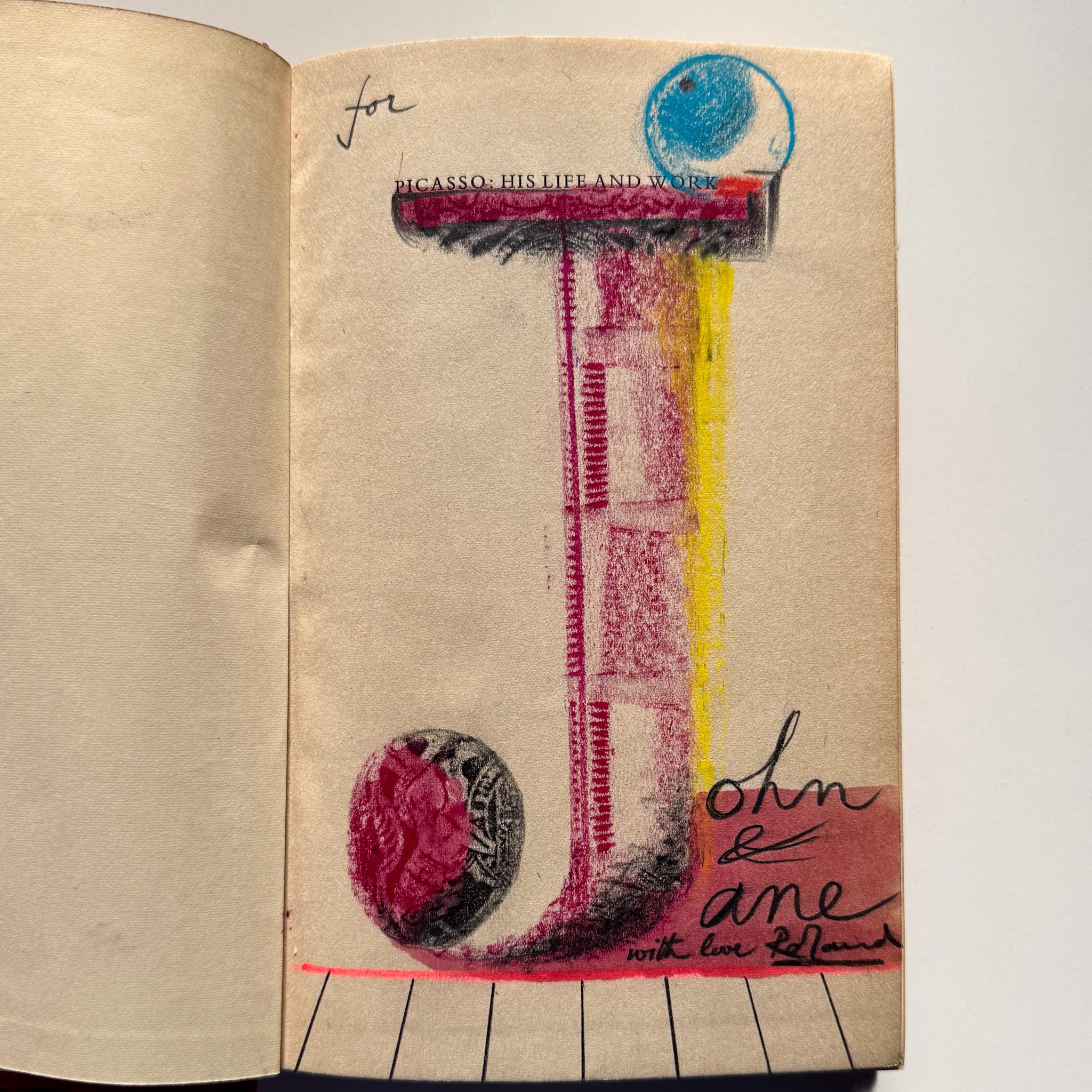 First edition of Roland Penrose’s monograph on his friend Pablo Picasso, published in 1958 by Victor Gollancz. With a full-page mixed media (crayon, pen-and-ink) rendering on the half-title page representing an inscription to John and Jane presented