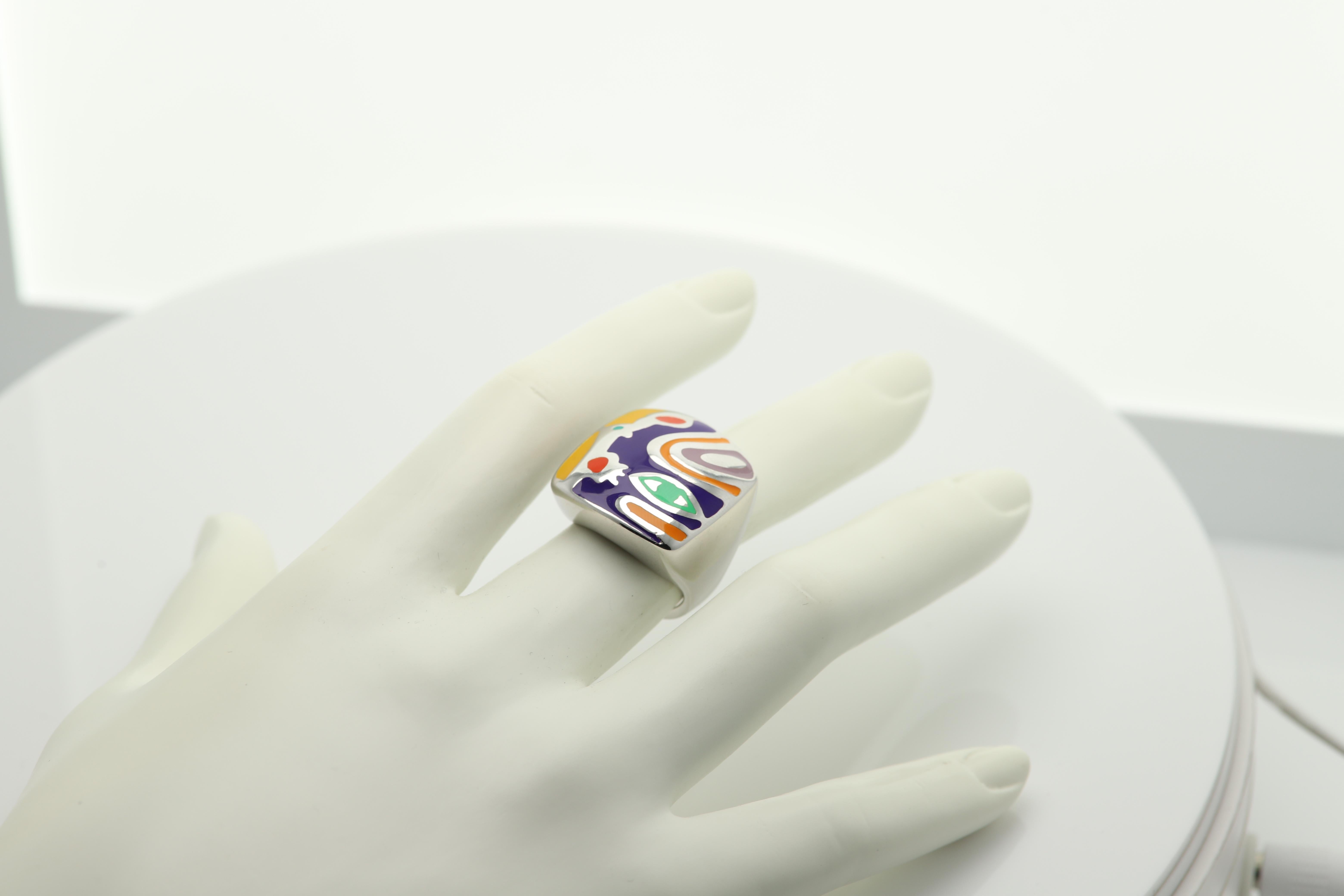 Enamel Artistic Art Ring Inspired by famous world artist sterling silver 925 hand made in Italy finger size 6.5  (NOT RESIZABLE) . Approx design area size 22 x 22mm  Slightly imperfections may exist due to manufacturing process, any tarnish spots