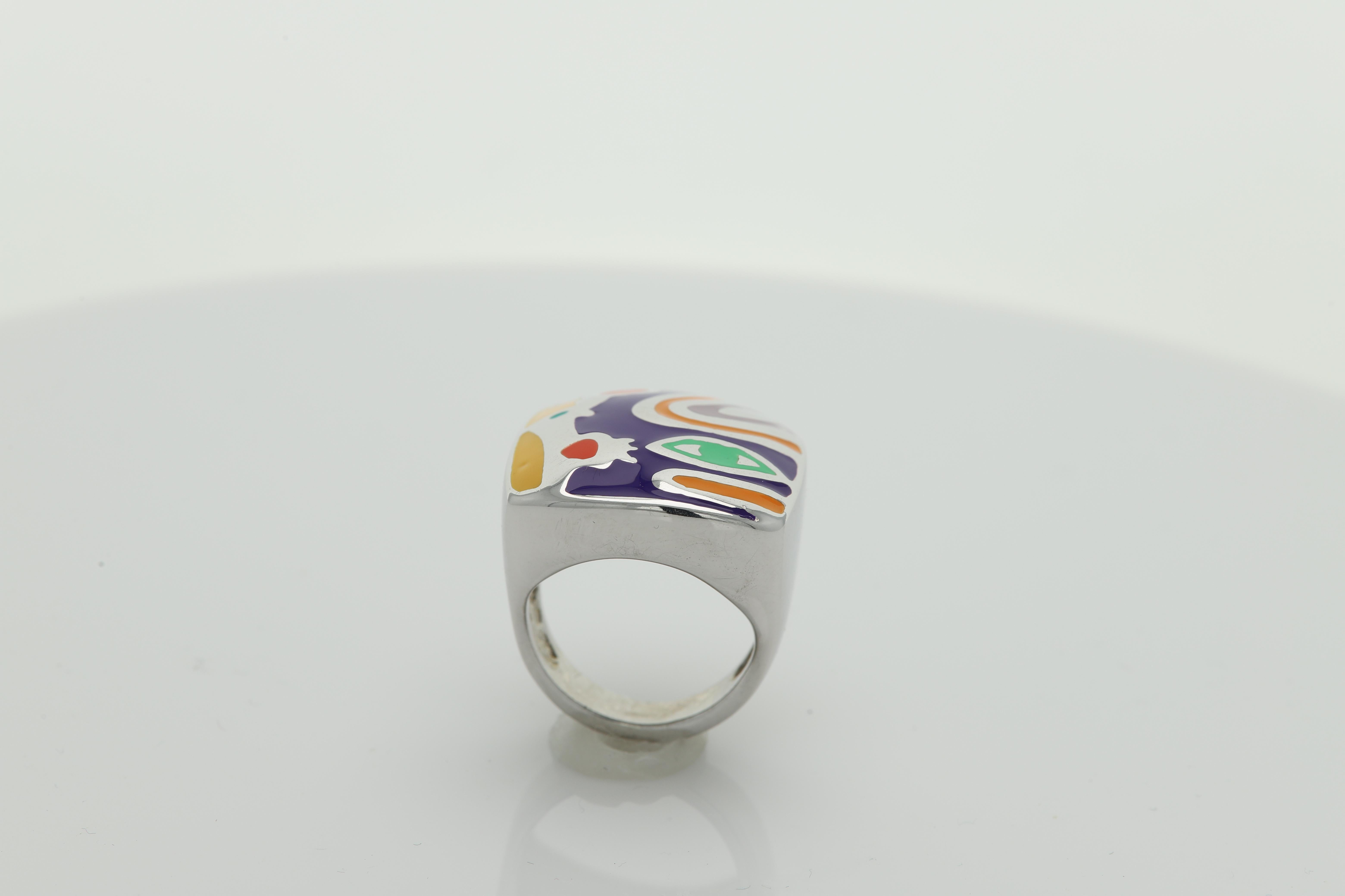 Picasso Inspired Art Ring Sterling Silver Enamel Fine Art Ring  In New Condition For Sale In Brooklyn, NY