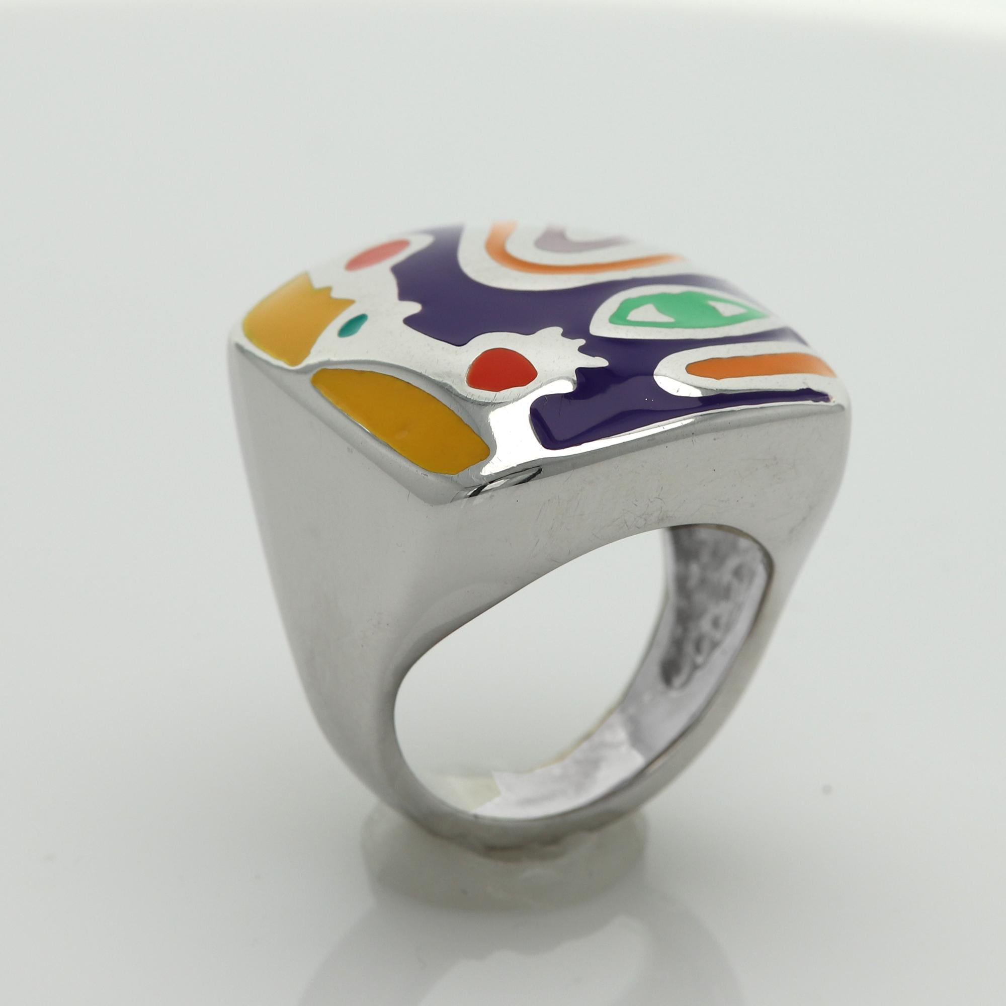 Women's Picasso Inspired Art Ring Sterling Silver Enamel Fine Art Ring  For Sale