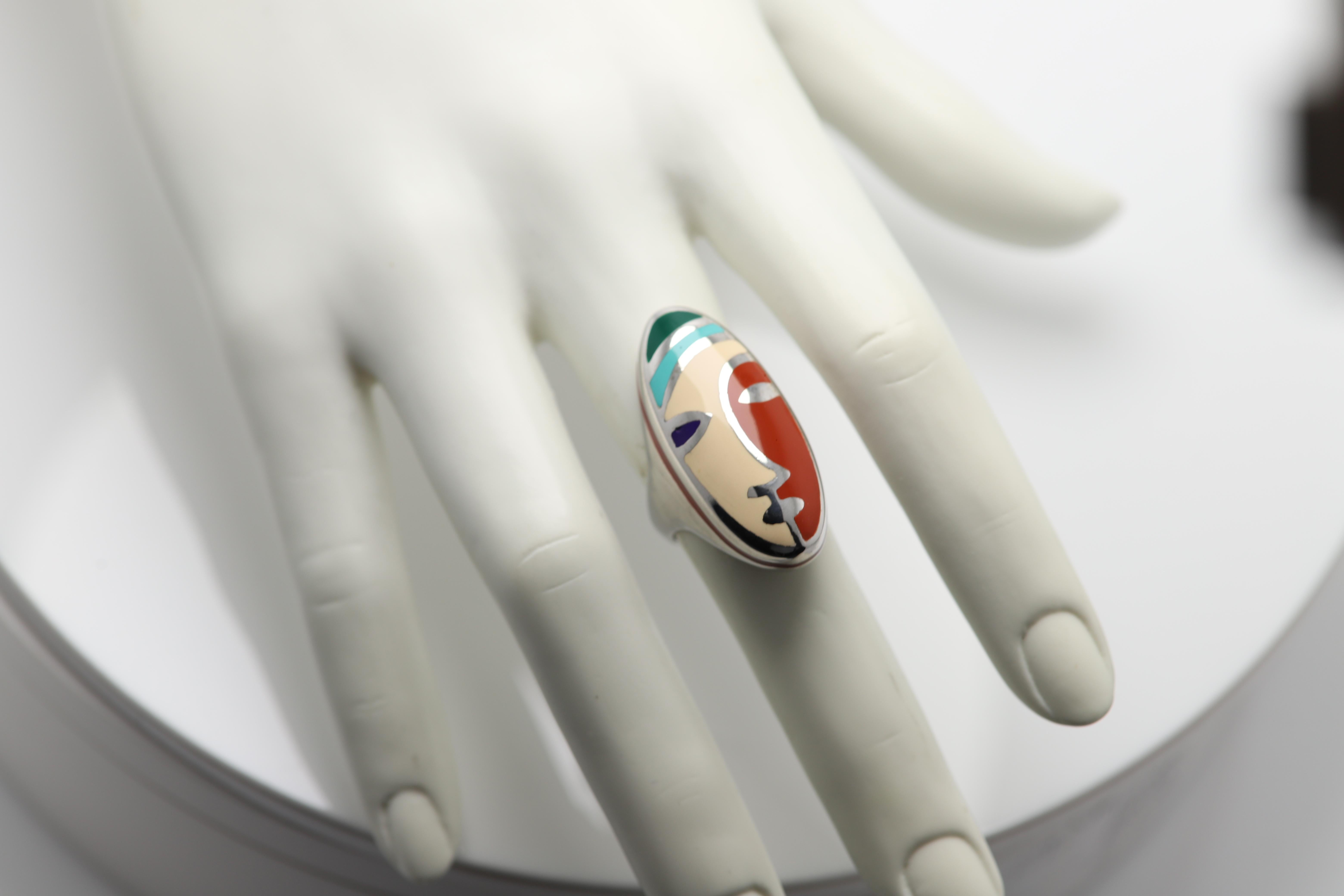 Enamel Artistic Art Ring Inspired by famous world artist sterling silver 925 hand made in Italy finger size 6.5  (NOT RESIZABLE) . Approx design area size 33 x 15mm (1.25' inch long) Slightly imperfections may exist due to manufacturing process, any
