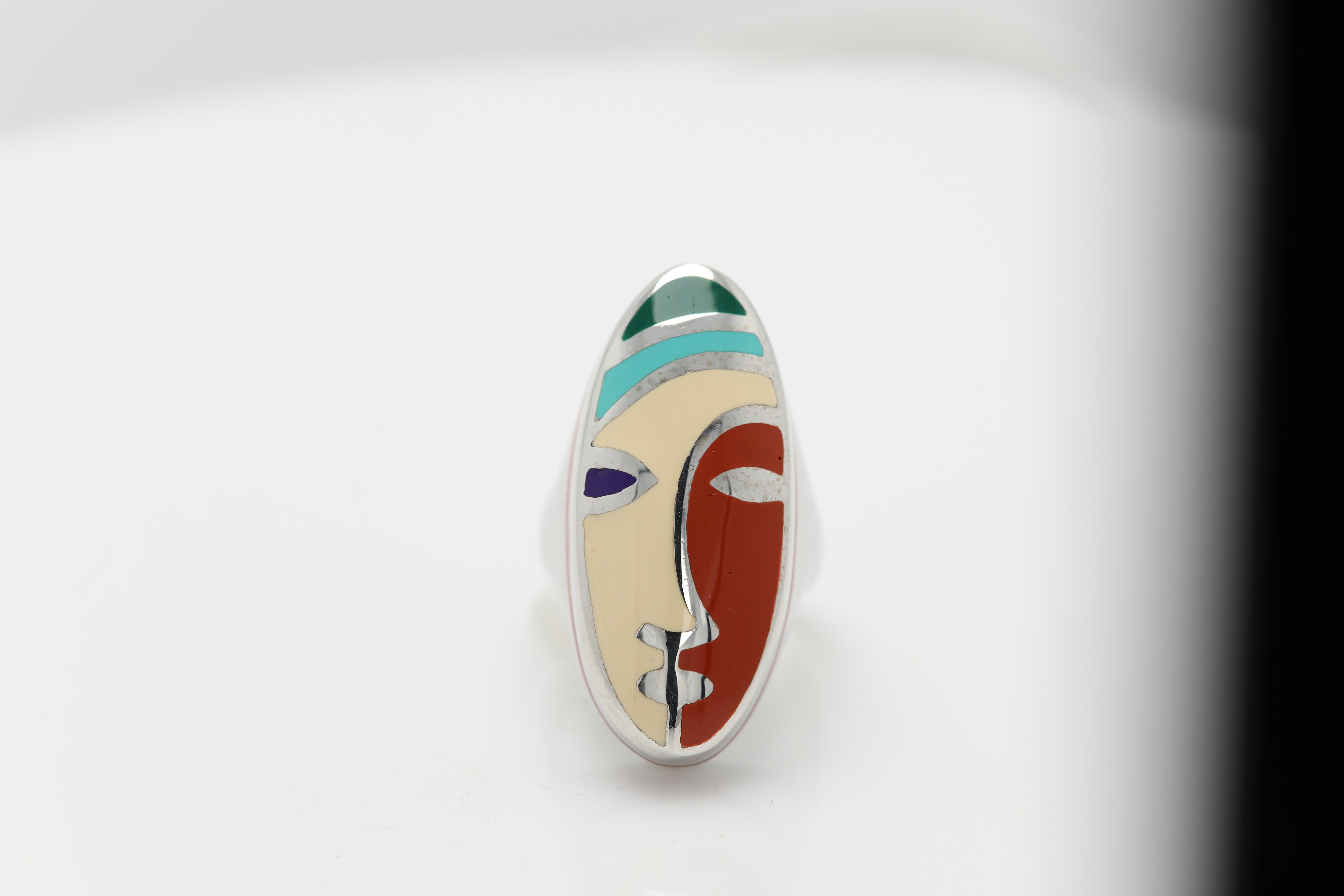 Picasso Inspired Art Ring Sterling Silver Enamel Fine Art Ring For Sale 1