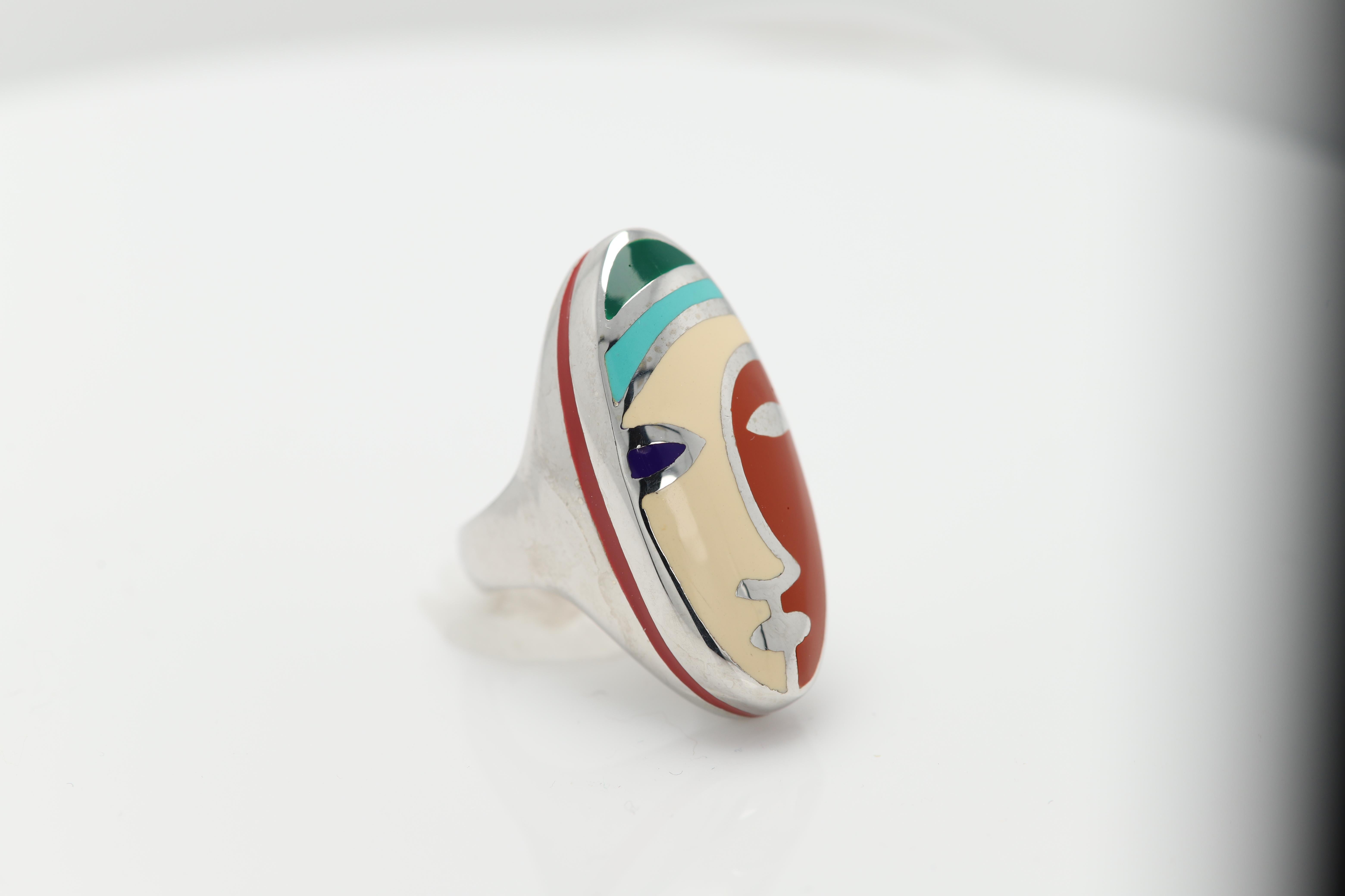 Picasso Inspired Art Ring Sterling Silver Enamel Fine Art Ring For Sale 2