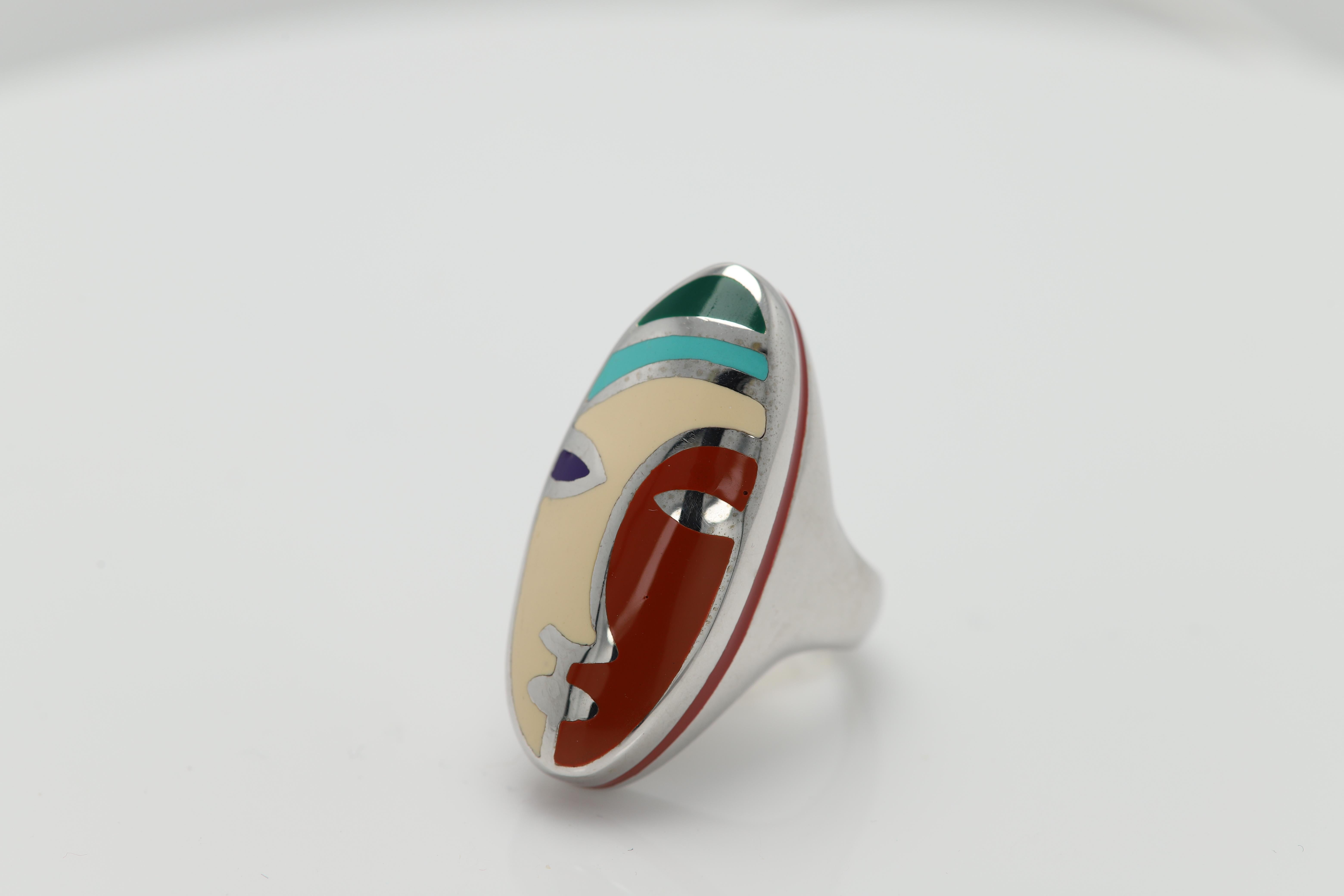 Picasso Inspired Art Ring Sterling Silver Enamel Fine Art Ring For Sale 3