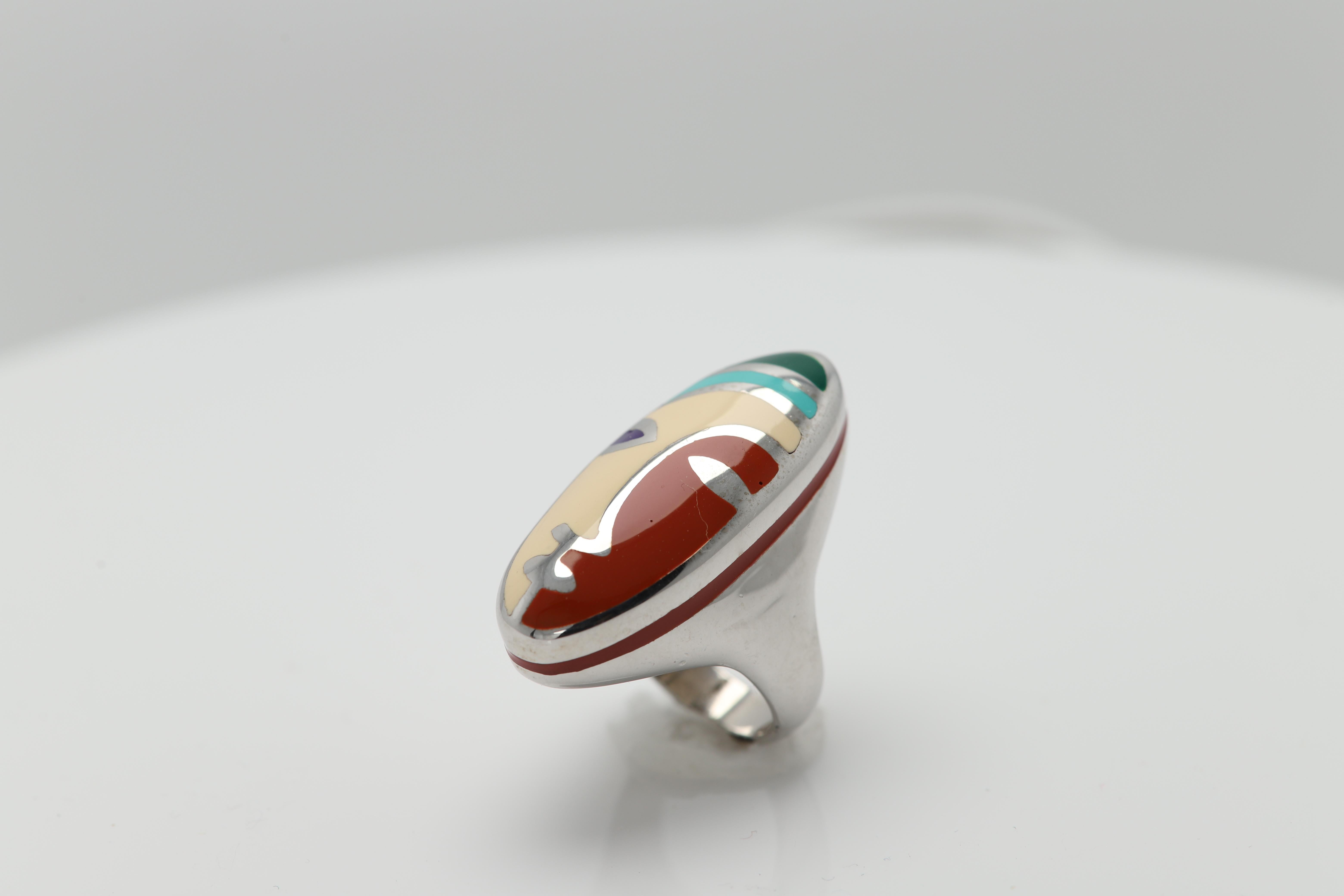 Picasso Inspired Art Ring Sterling Silver Enamel Fine Art Ring For Sale 4