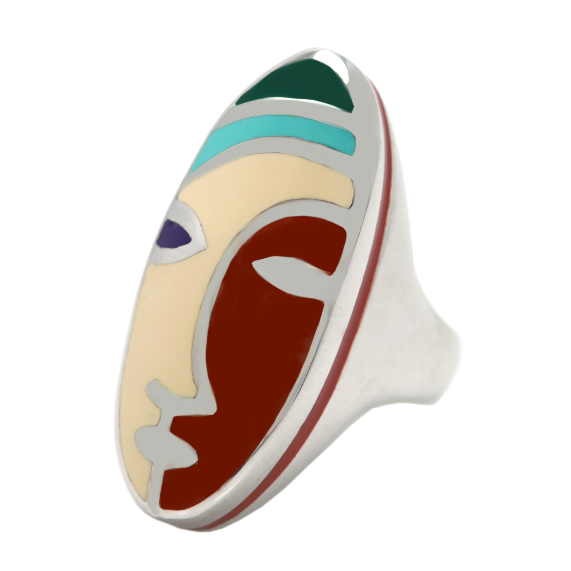 Picasso Inspired Art Ring Sterling Silver Enamel Fine Art Ring For Sale