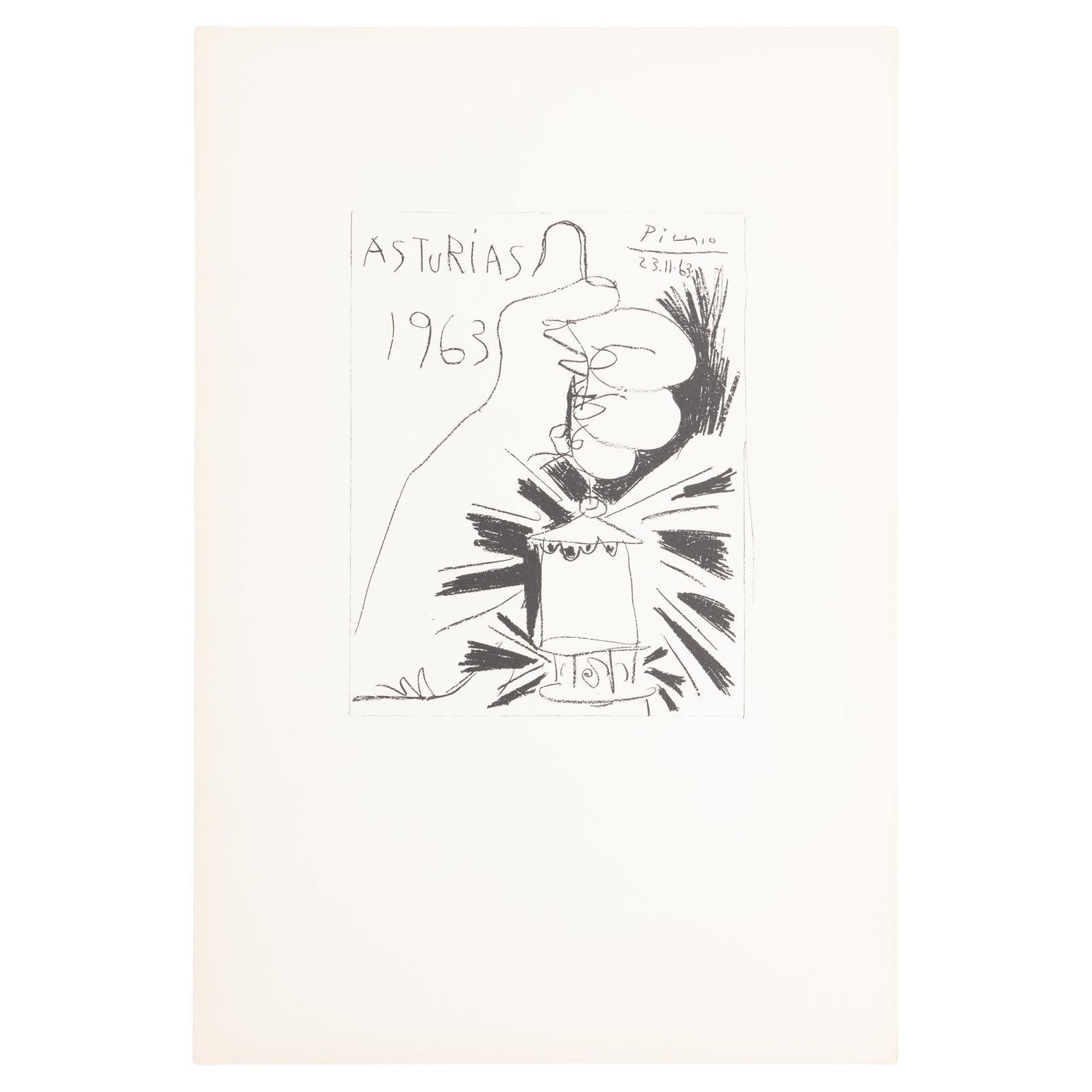 Original lithograph 'Asturias' by Pablo Picasso, 1963.

Signed in stone.

In good original condition.

Pablo Picasso (1881–1973), was a Spanish painter, sculptor, printmaker, ceramicist, stage designer, poet and playwright who spent most of