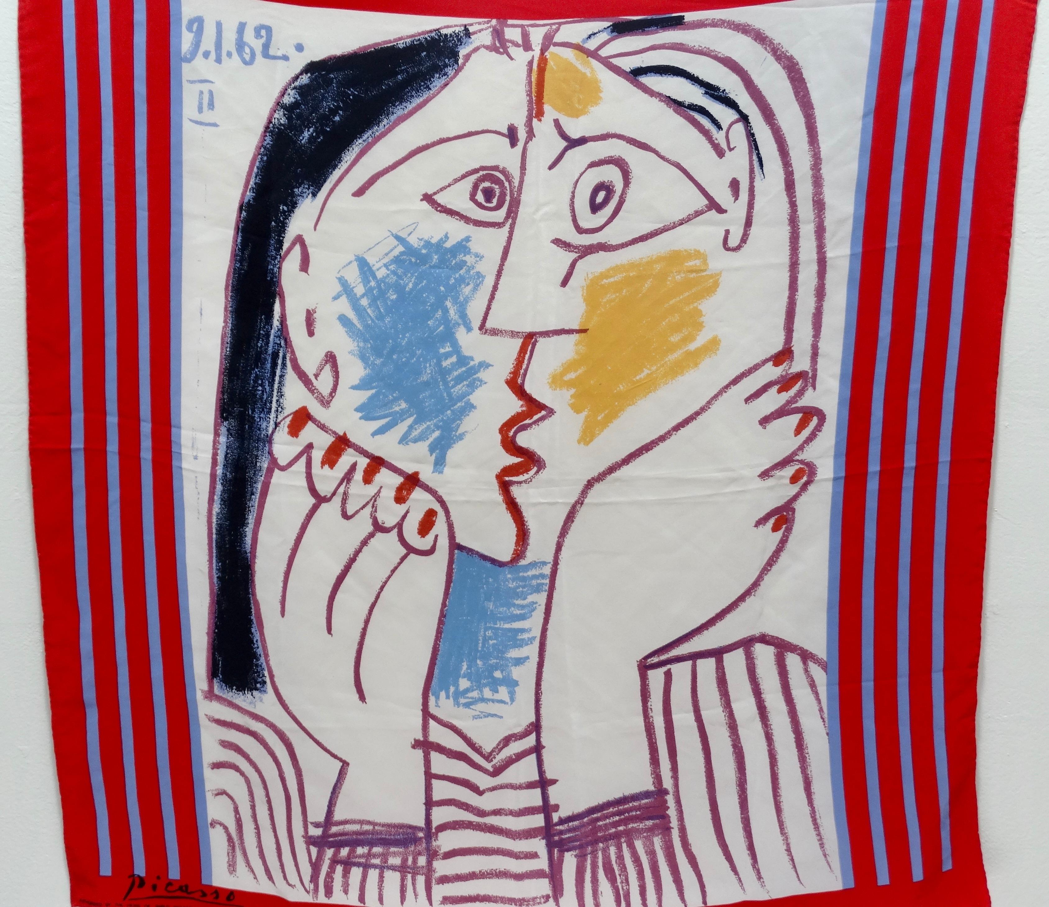 Amazing vintage scarf for all the art lovers! Circa 1981, this 100% Silk scarf features one of Picasso's abstract portraits from 1962. Signed in bottom left corner. A true piece of wearable art, this scarf will look great as a top, tied as a head