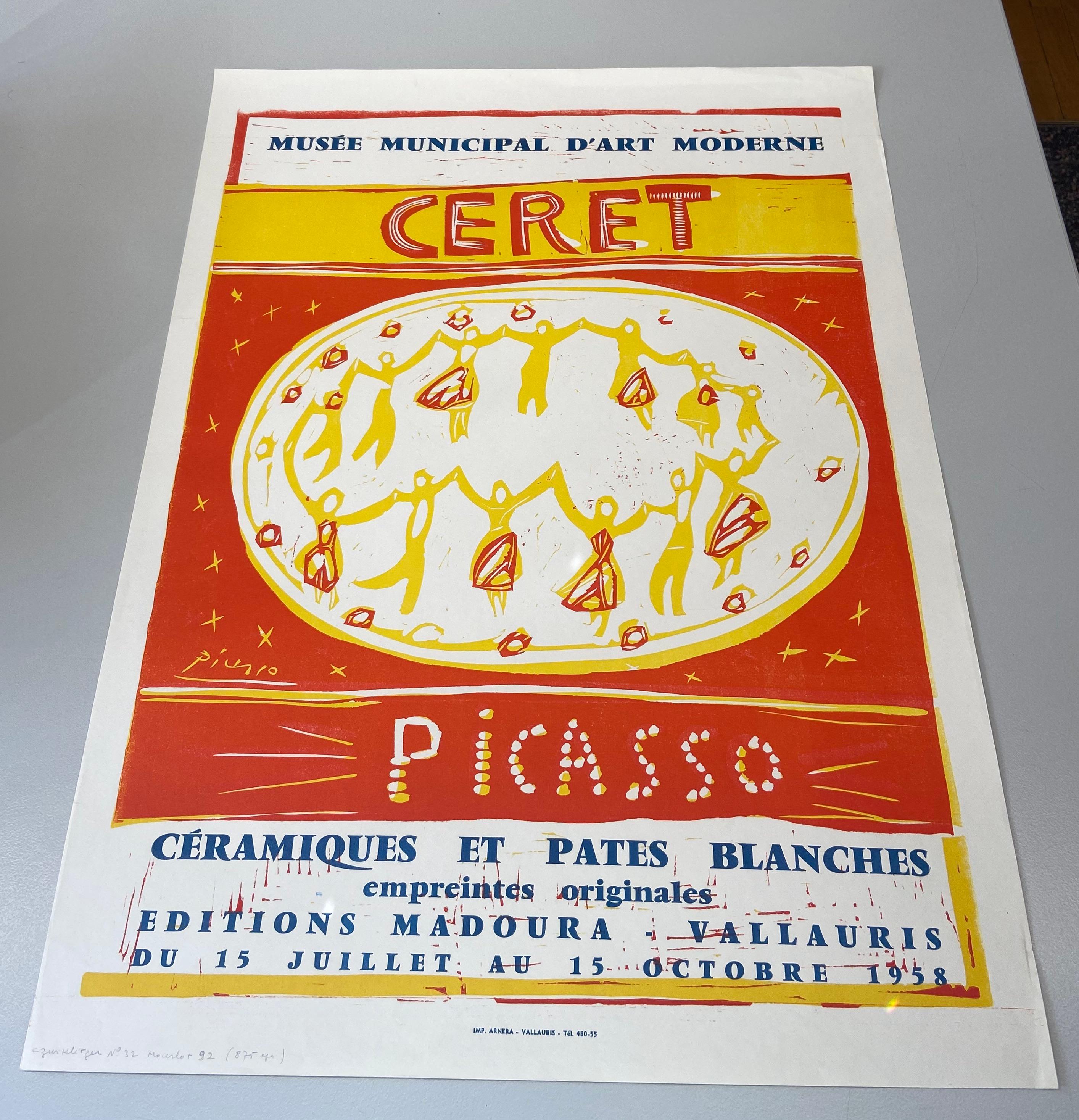 Original color linocut, executed for a ceramics exhibition at the Municipal Museum of Céret. Print limited to 875 copies. Czwiklitzer No. 33. Poster from an edition of 875 prints 65 X 50 cm. Original linoleum-cut in 2 colors, plus text in blue.